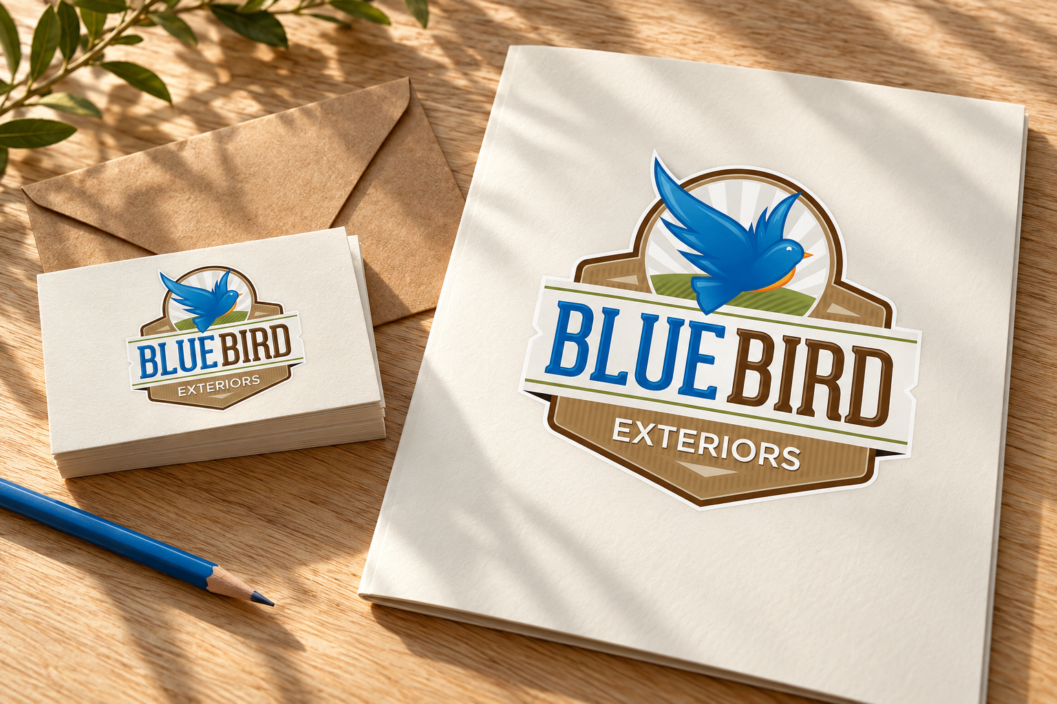 Illustrative brand application concept for Bluebird Exteriors: print collateral.