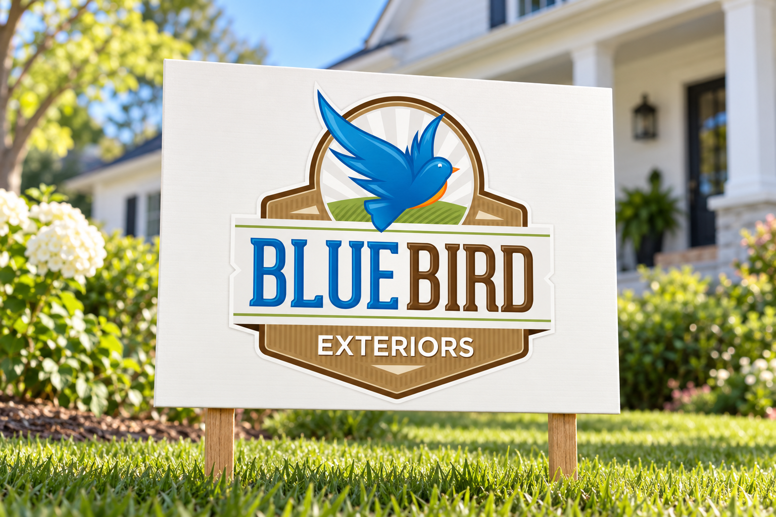 Illustrative brand application concept for Bluebird Exteriors: garden sign.