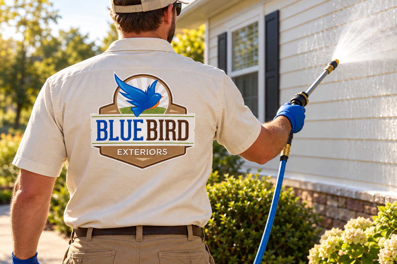 Illustrative brand application concept for Bluebird Exteriors: service lifestyle.