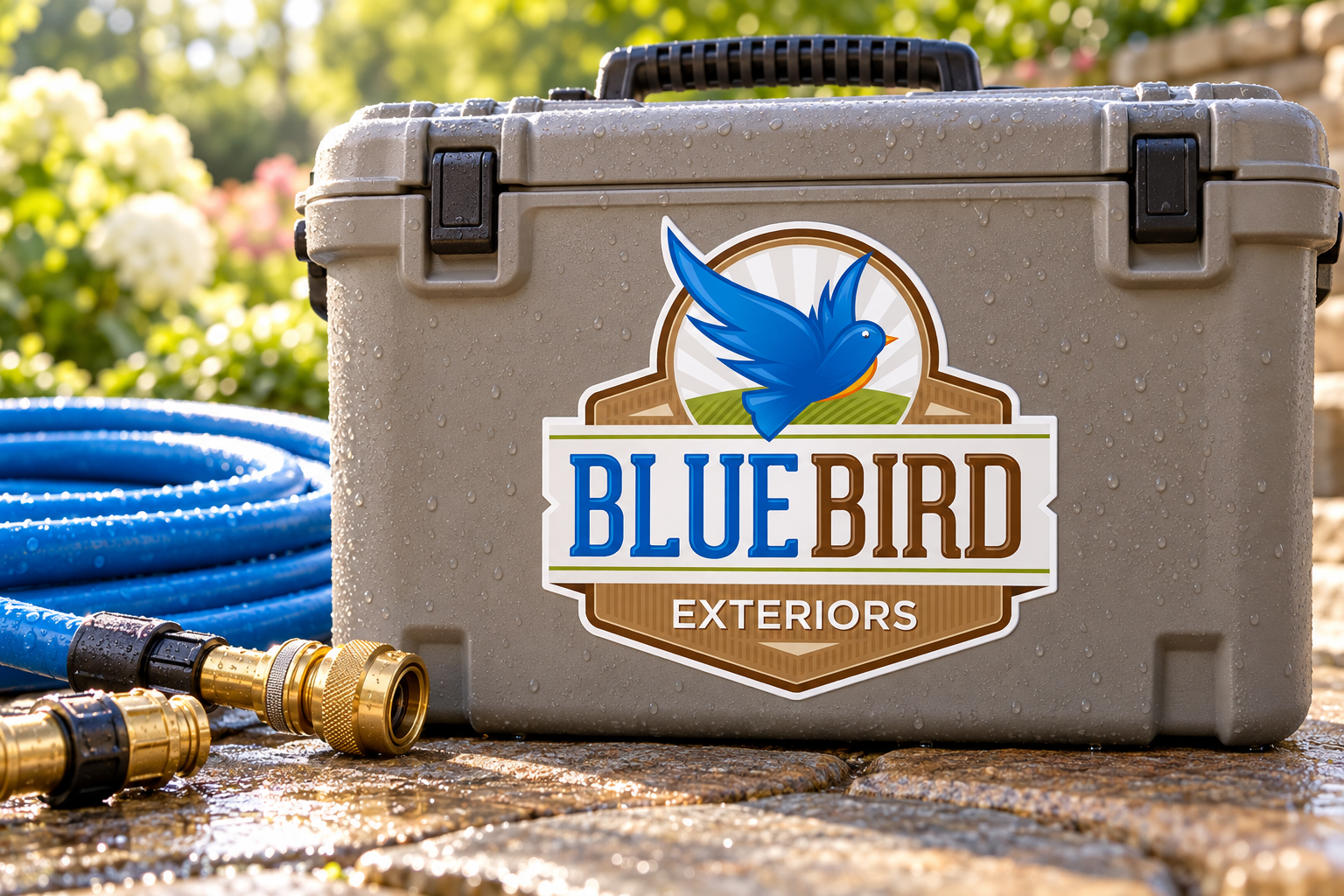 Illustrative brand application concept for Bluebird Exteriors: equipment detail.