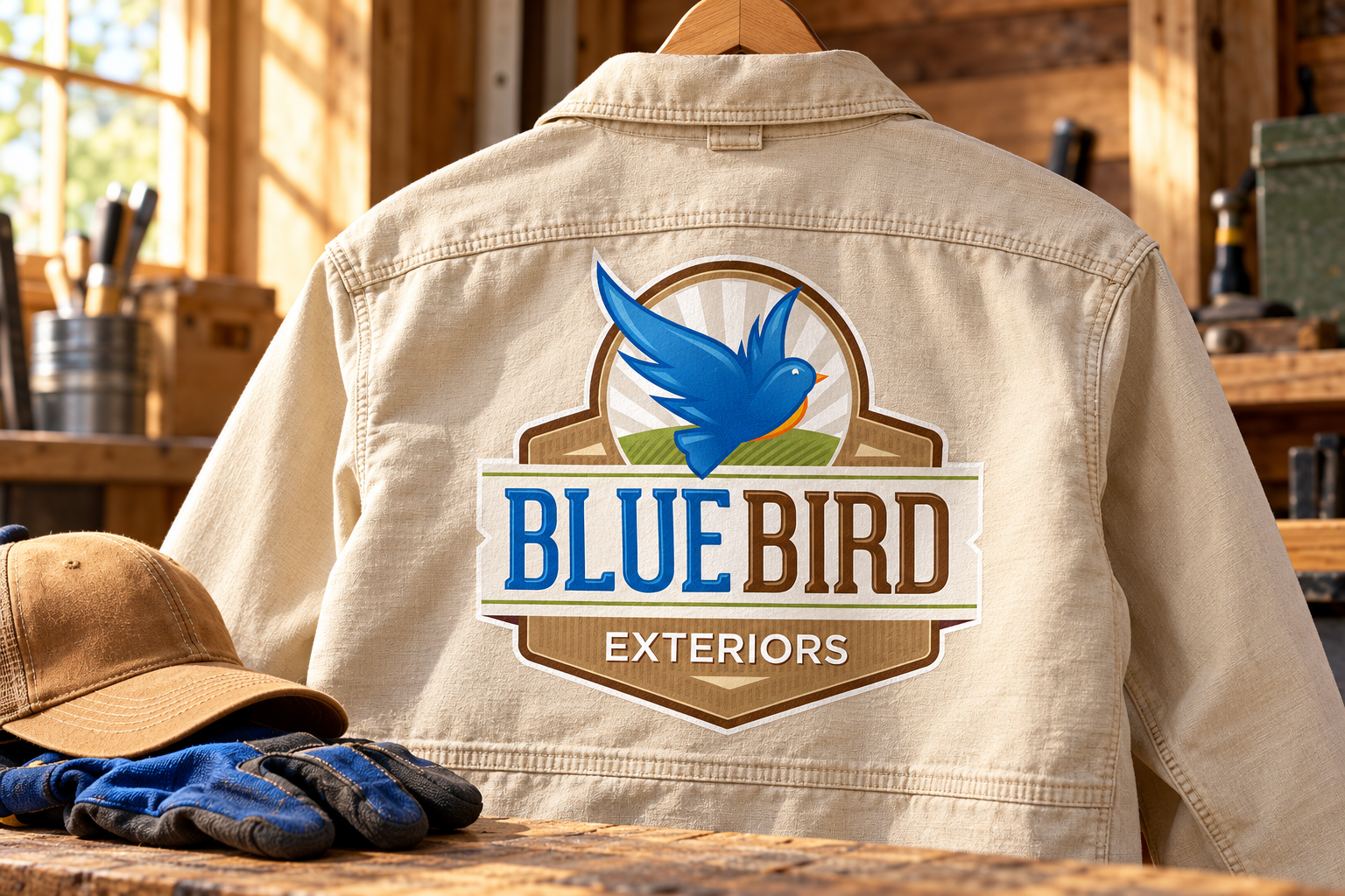 Illustrative brand application concept for Bluebird Exteriors: workwear.