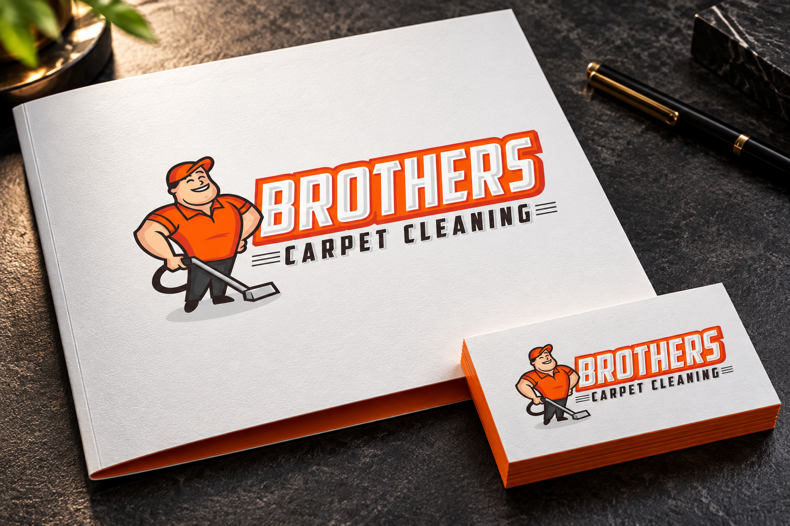Illustrative brand application concept for Brothers Carpet Cleaning: stationery.