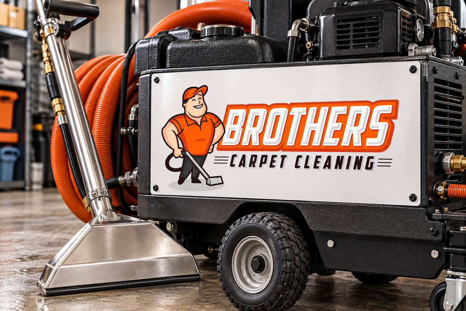 Illustrative brand application concept for Brothers Carpet Cleaning: cleaning equipment.