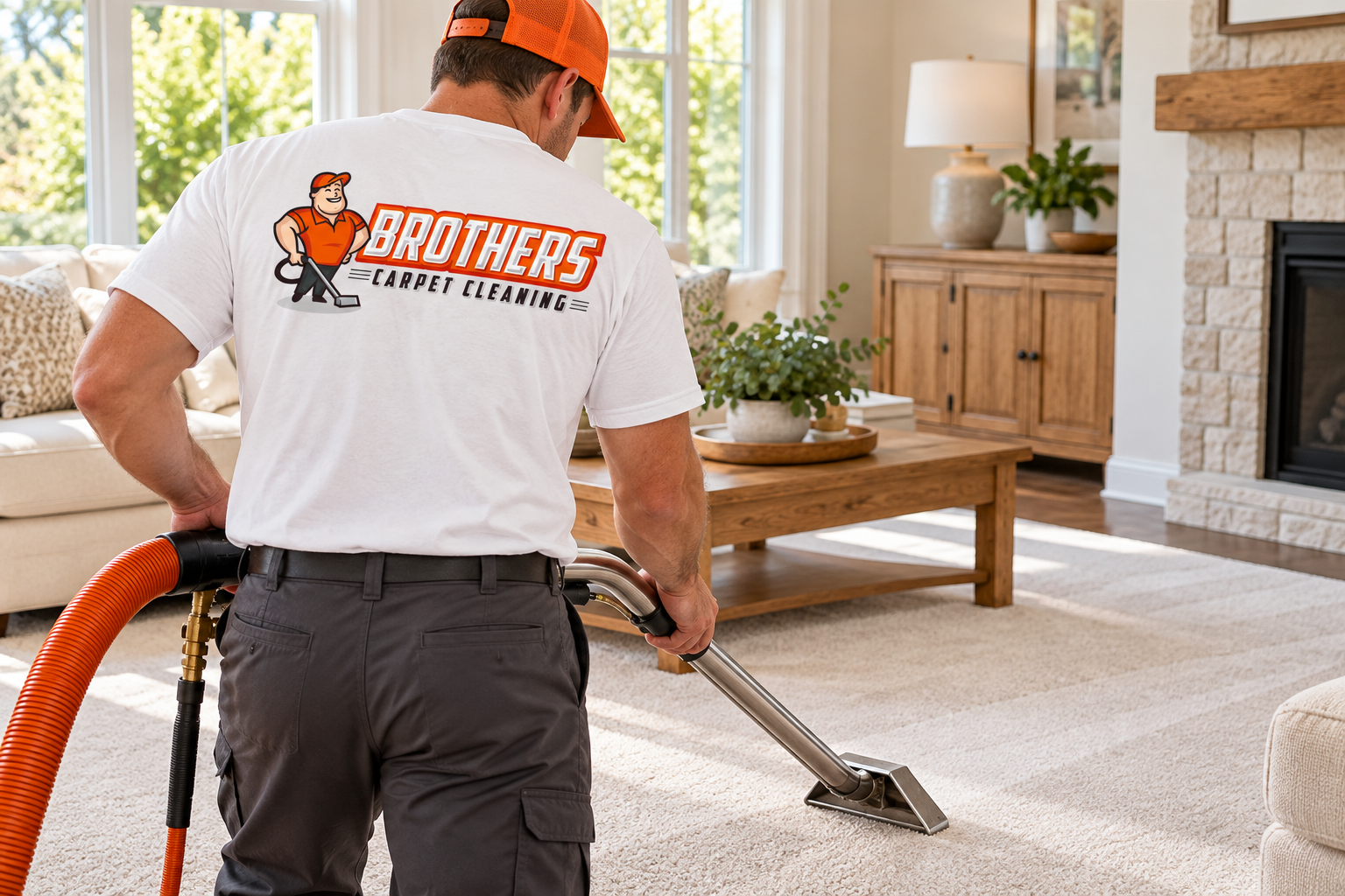 Illustrative brand application concept for Brothers Carpet Cleaning: technician lifestyle.