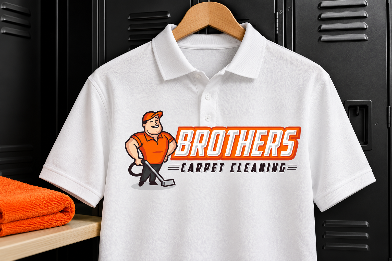 Illustrative brand application concept for Brothers Carpet Cleaning: branded polo.