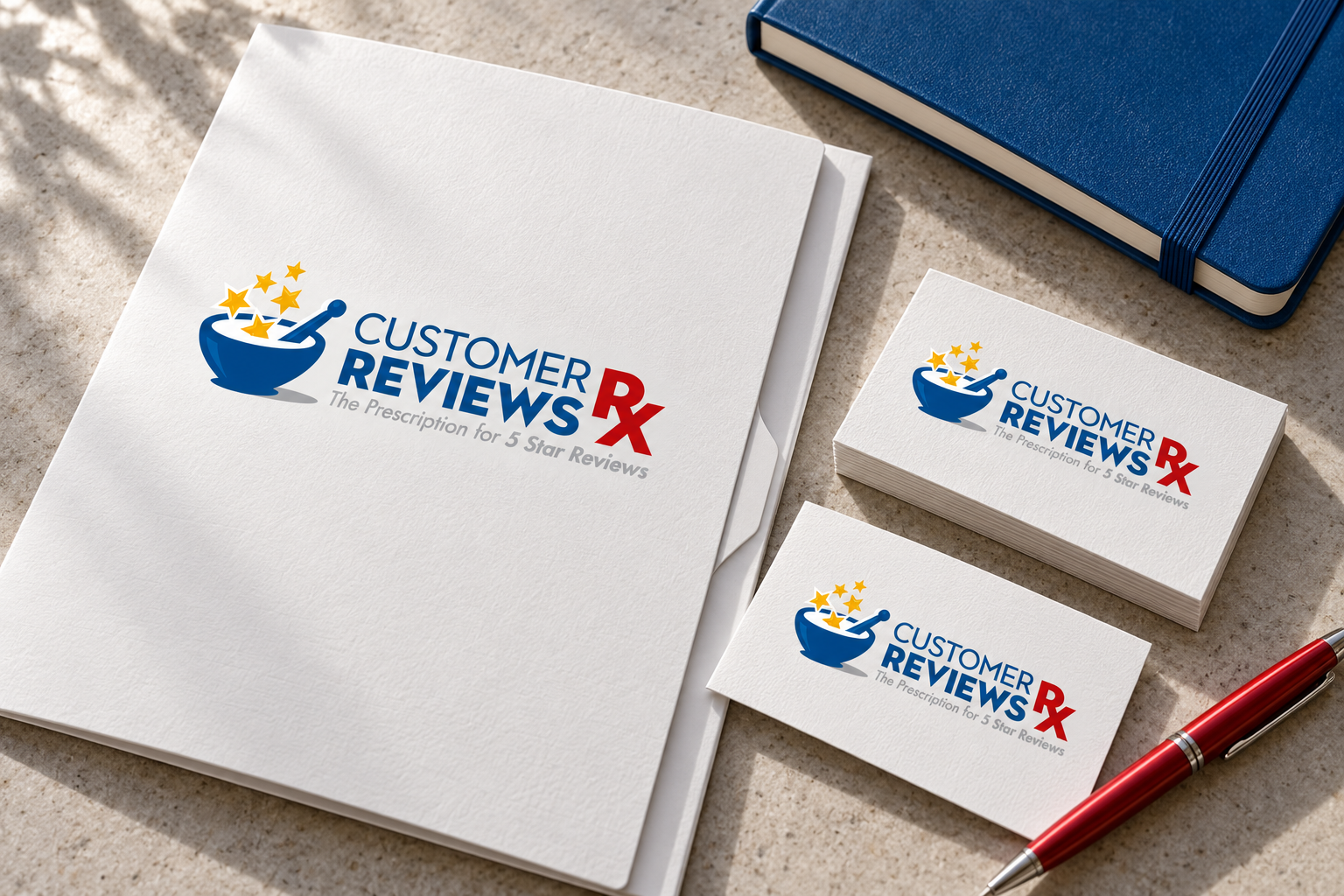 Illustrative brand application concept for Customer Reviews Rx: brand stationery.
