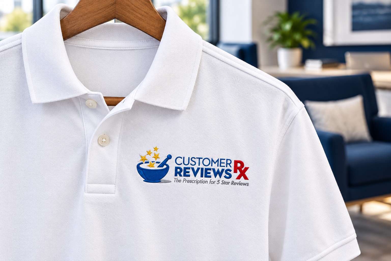 Illustrative brand application concept for Customer Reviews Rx: branded polo.