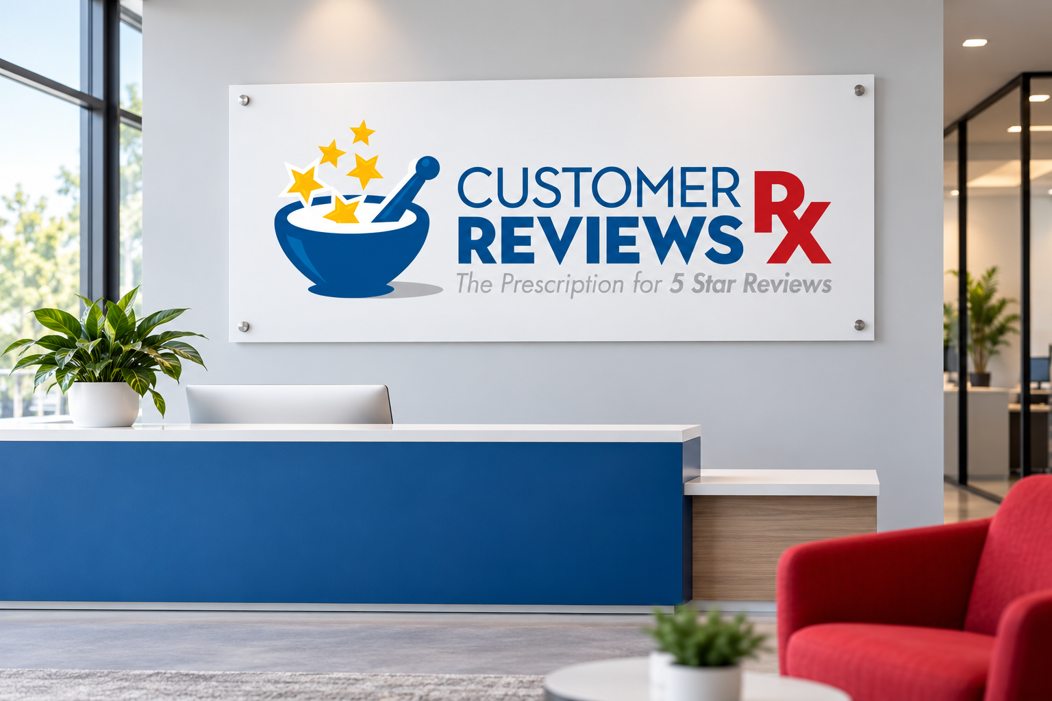 Illustrative brand application concept for Customer Reviews Rx: office wall sign.