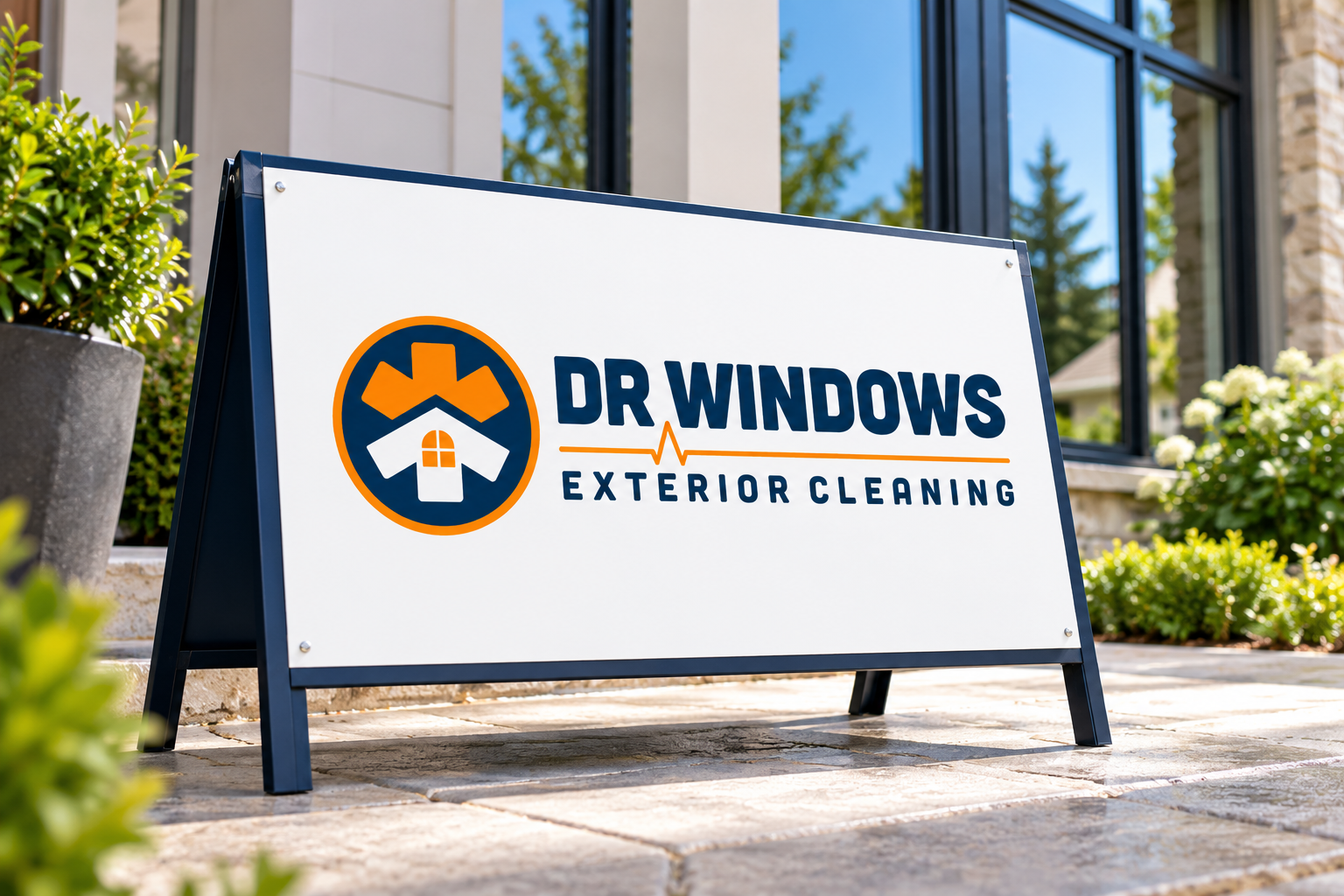 Illustrative brand application concept for DR Windows Exterior Cleaning: property sign.