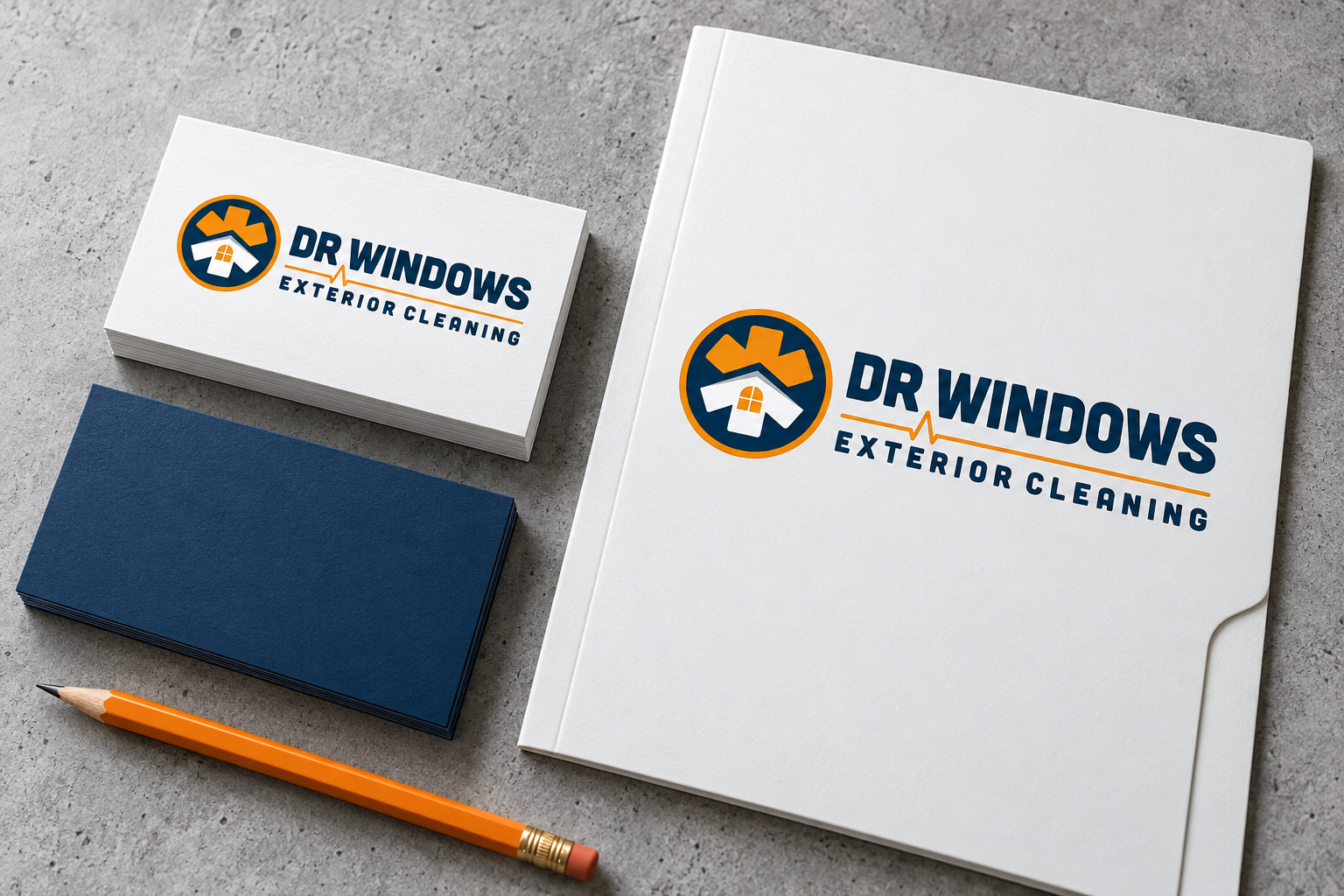 Illustrative brand application concept for DR Windows Exterior Cleaning: print collateral.