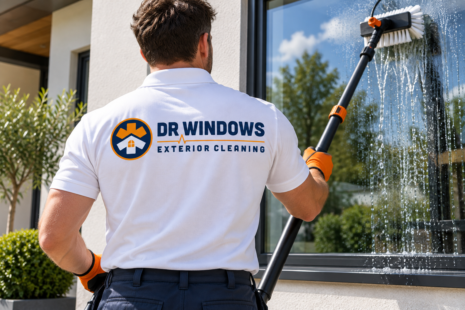 Illustrative brand application concept for DR Windows Exterior Cleaning: window cleaning lifestyle.