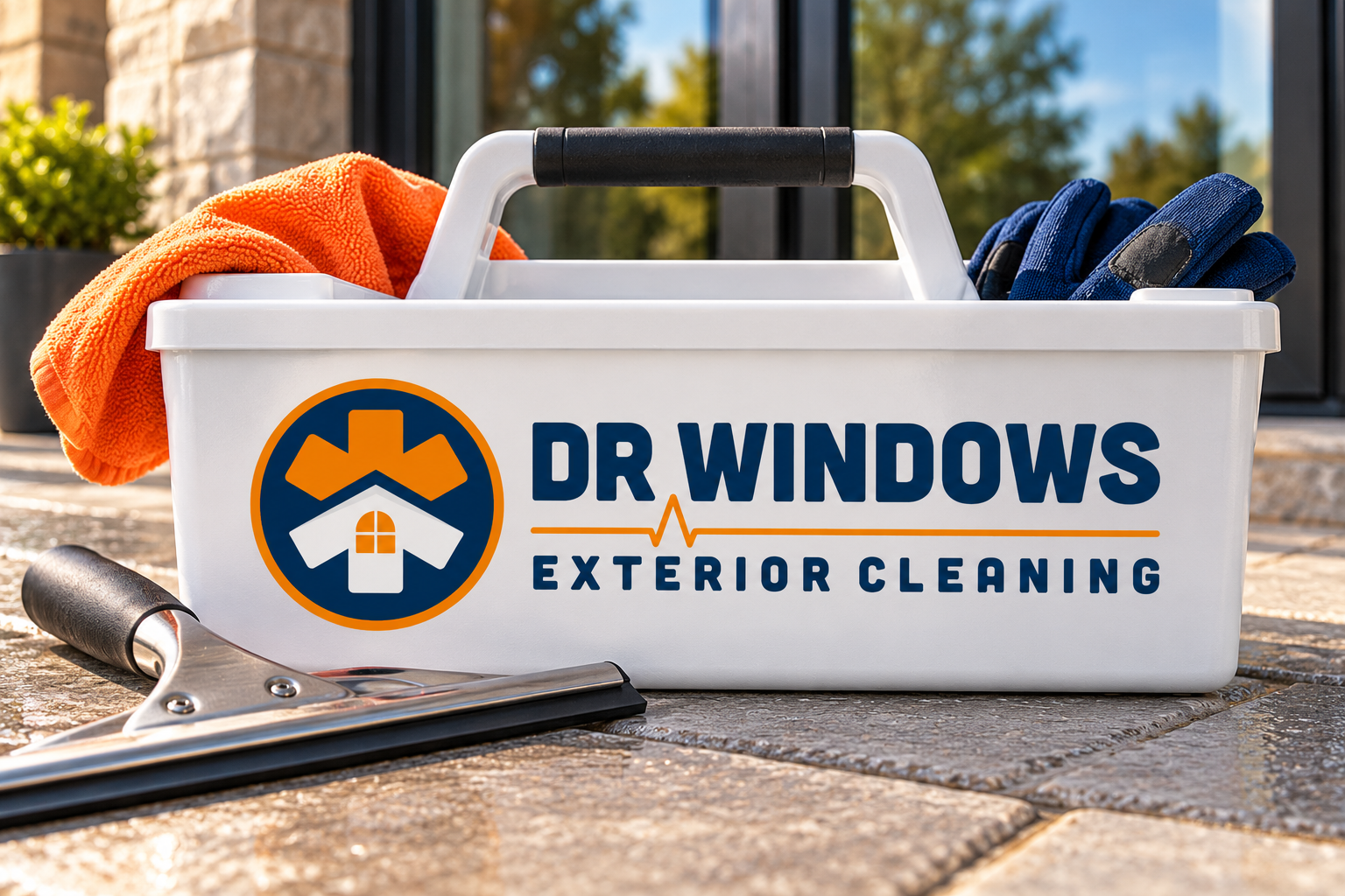 Illustrative brand application concept for DR Windows Exterior Cleaning: window kit.