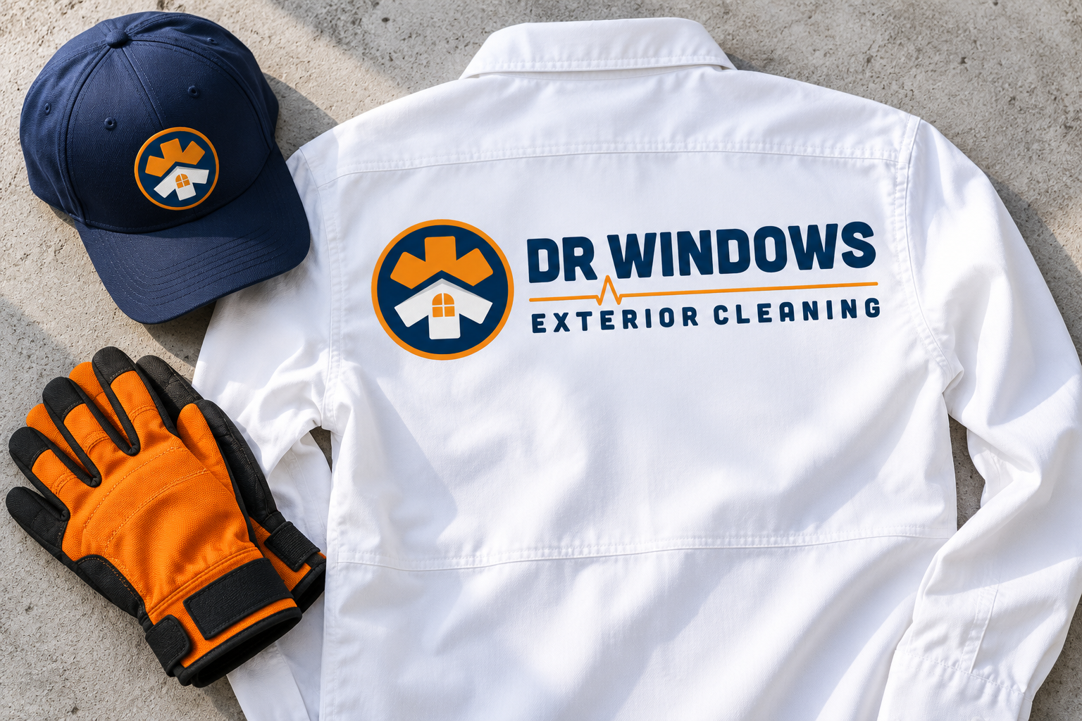 Illustrative brand application concept for DR Windows Exterior Cleaning: workwear.