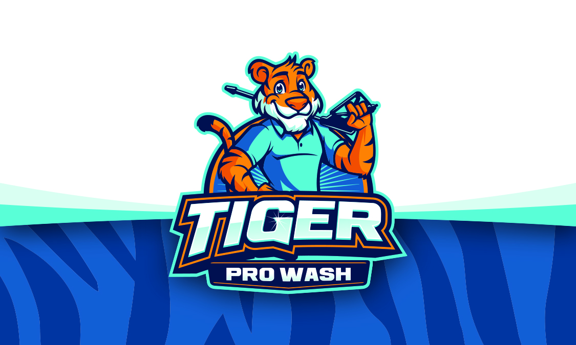 Tiger Pro Wash original business-card front with full tiger logo and striped blue background.