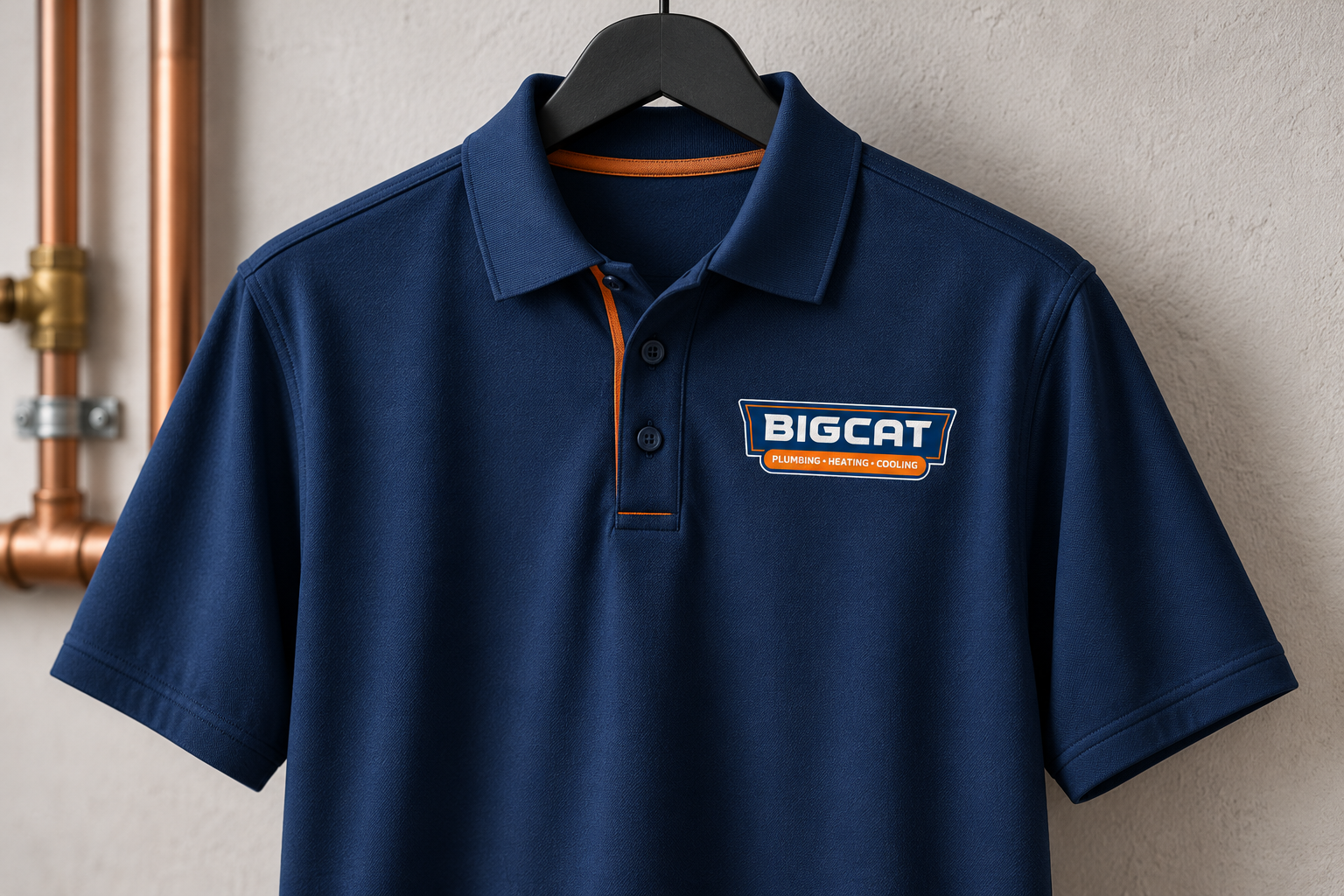 Illustrative Big Cat Plumbing, Heating and Cooling navy polo using the approved wordmark.