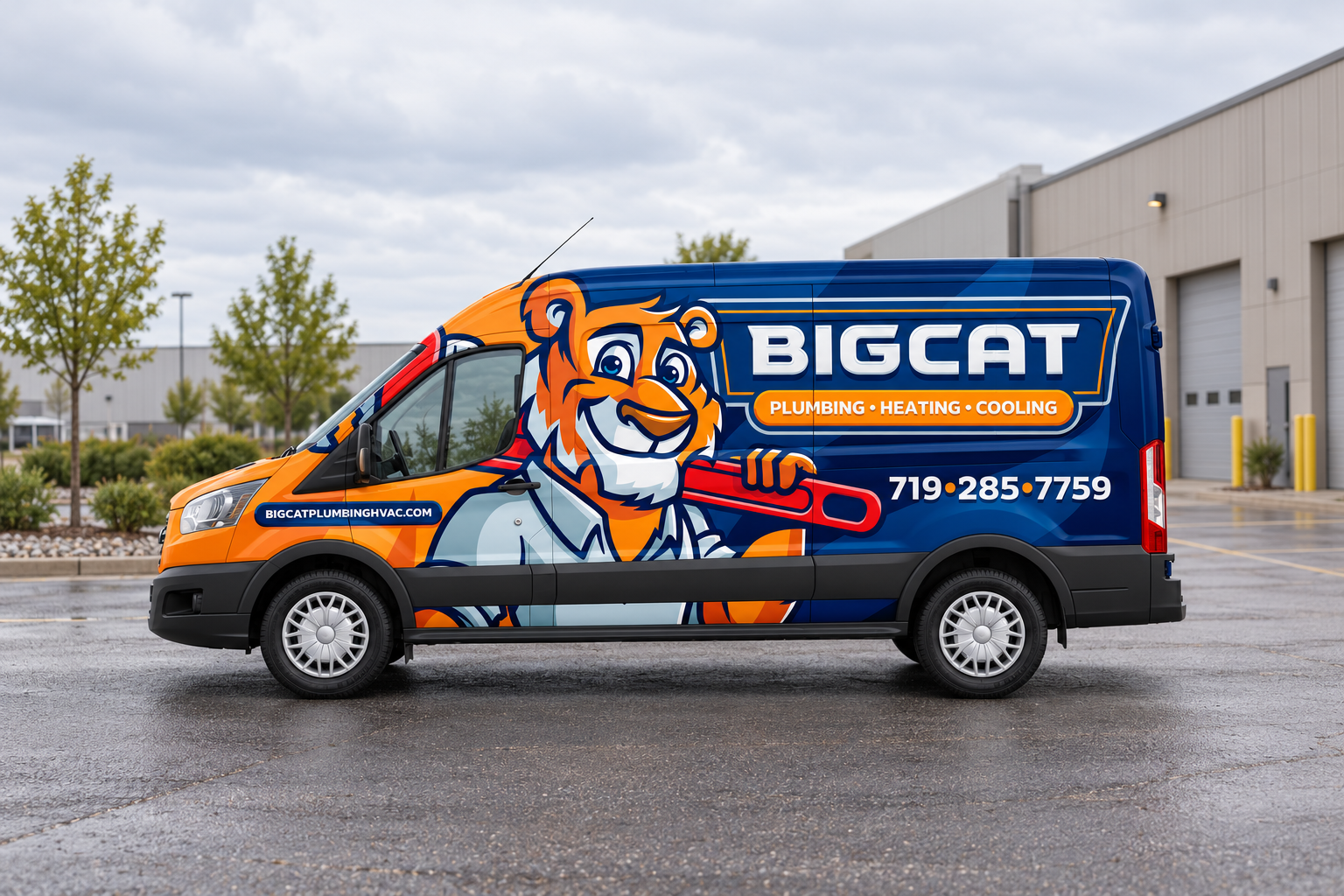 Illustrative setting for the approved Big Cat van-wrap artwork.