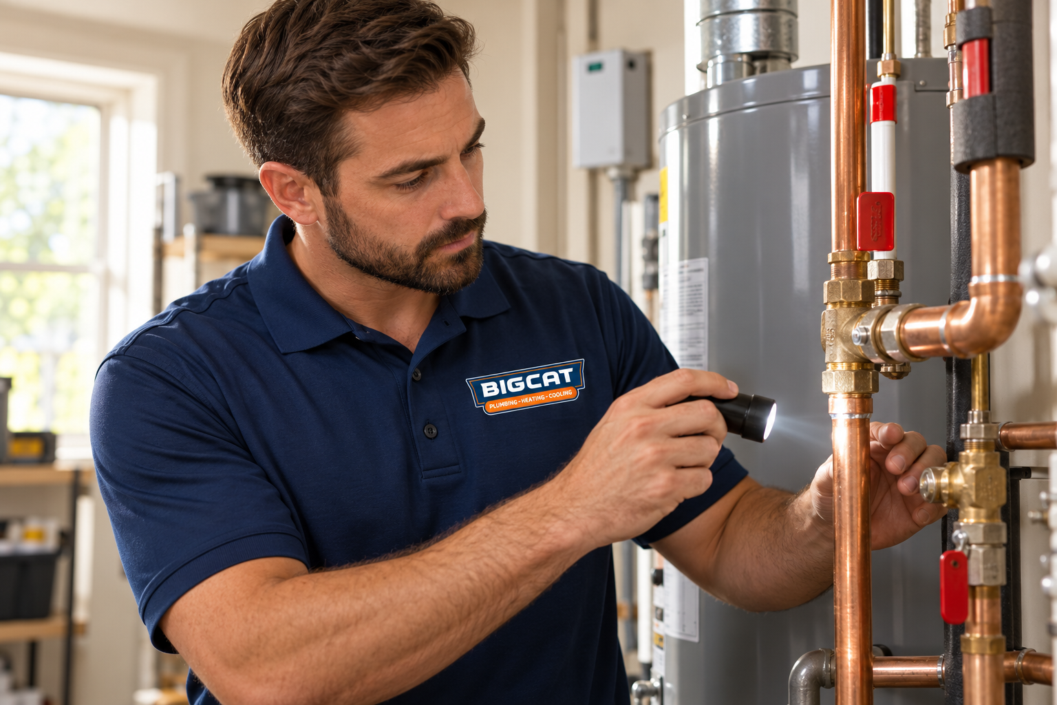 Illustrative Big Cat technician wearing the approved wordmark polo.