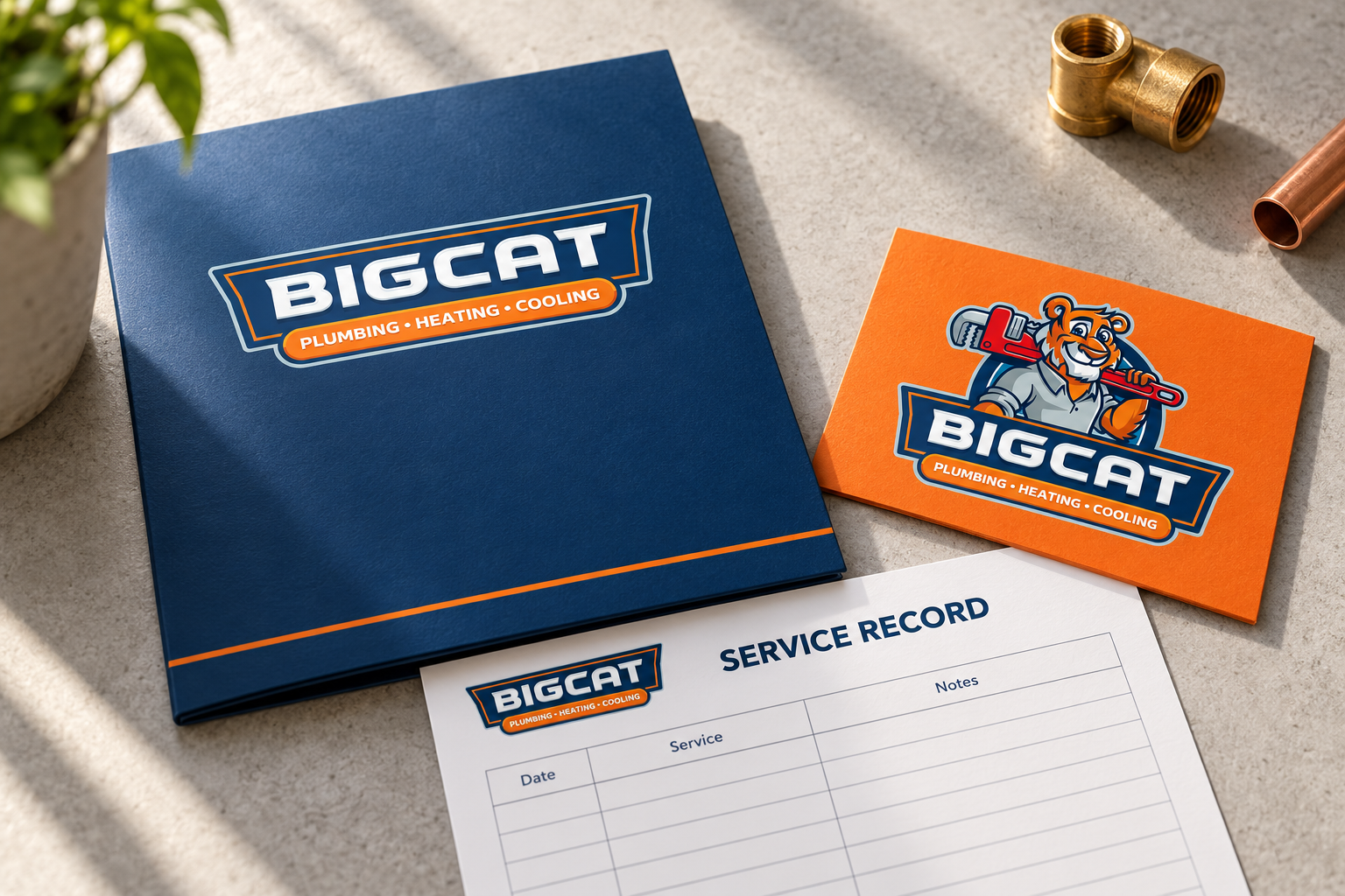 Illustrative Big Cat service stationery using the approved wordmark and red-wrench tiger logo.