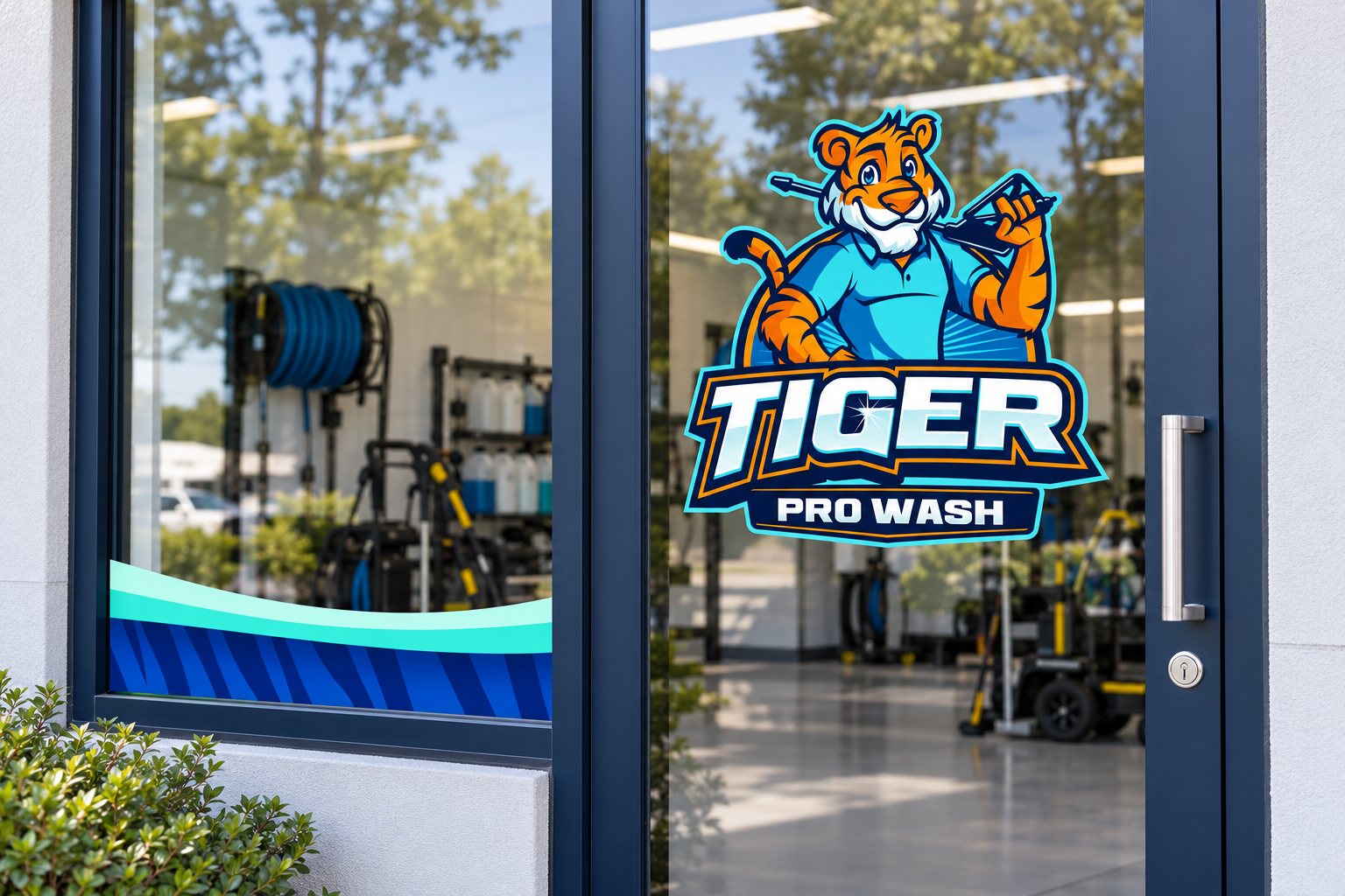 Illustrative Tiger Pro Wash window signage with the complete pressure-washing tiger logo.