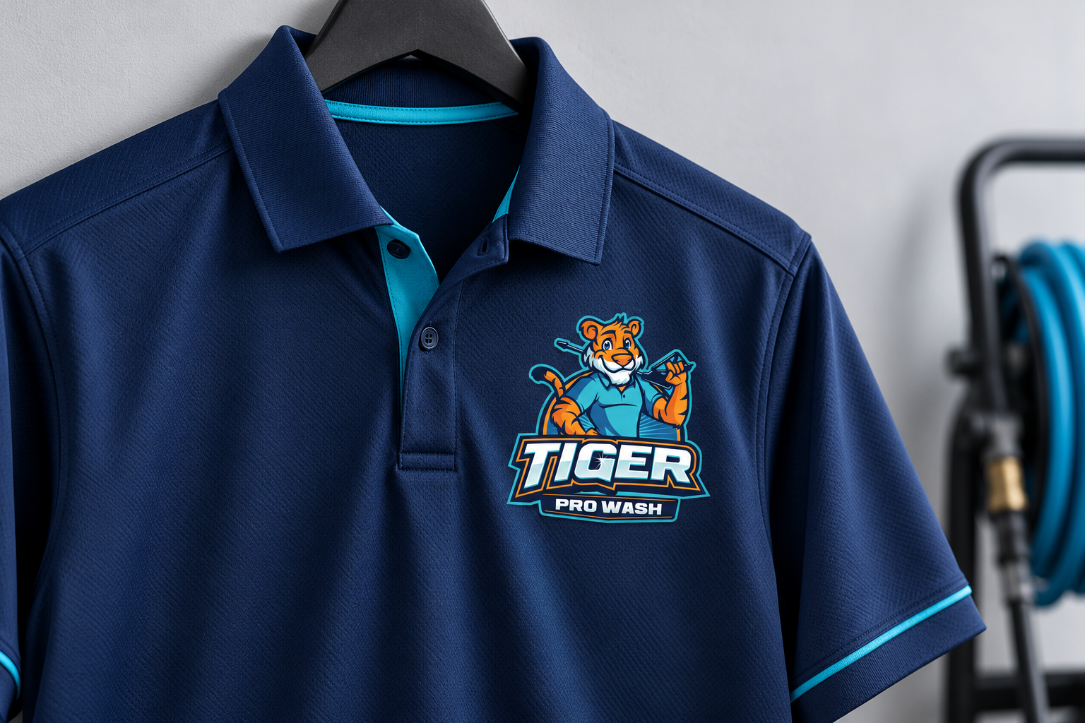 Illustrative Tiger Pro Wash navy and turquoise polo using the complete approved logo.