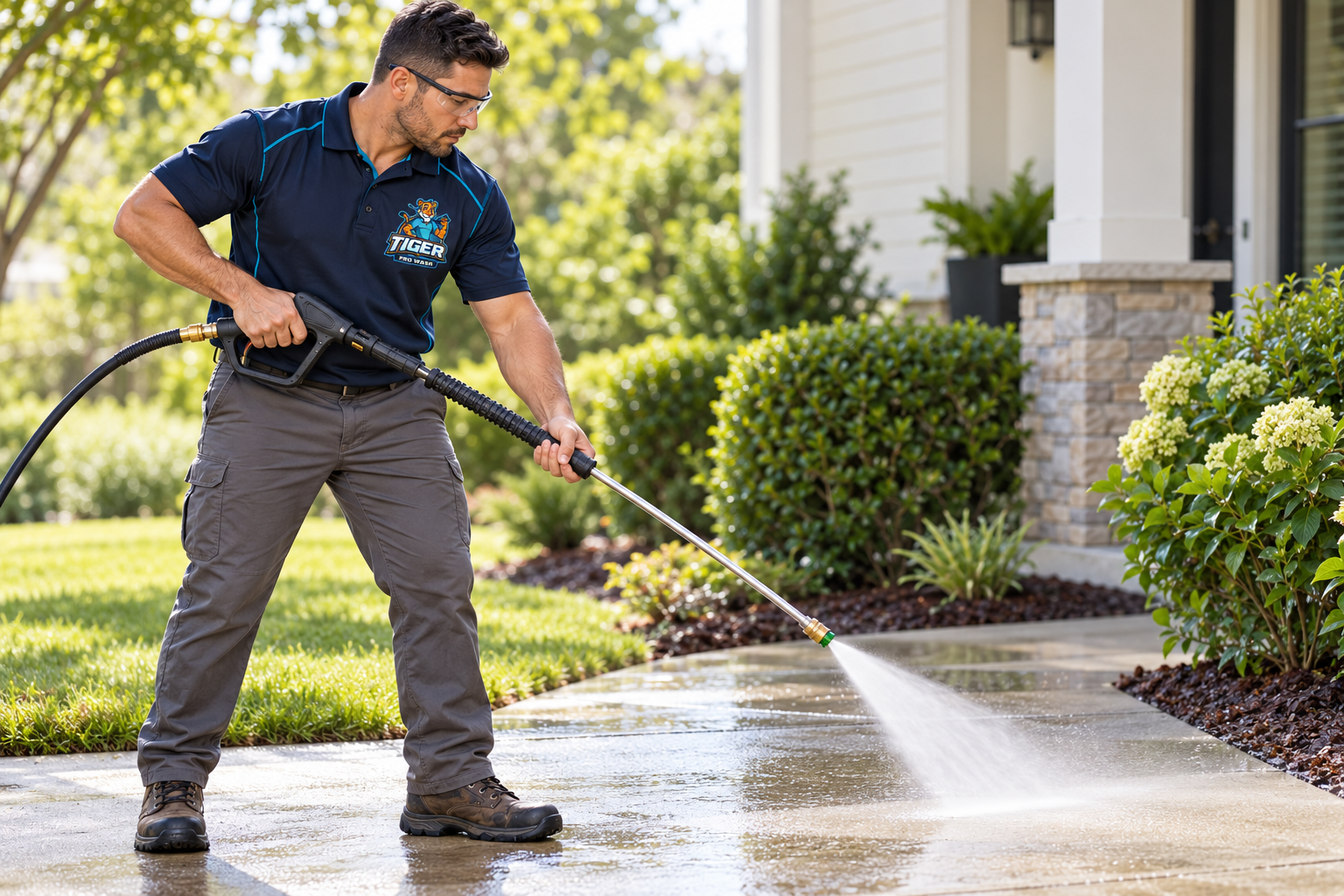 Illustrative Tiger Pro Wash exterior-cleaning technician wearing the approved logo.