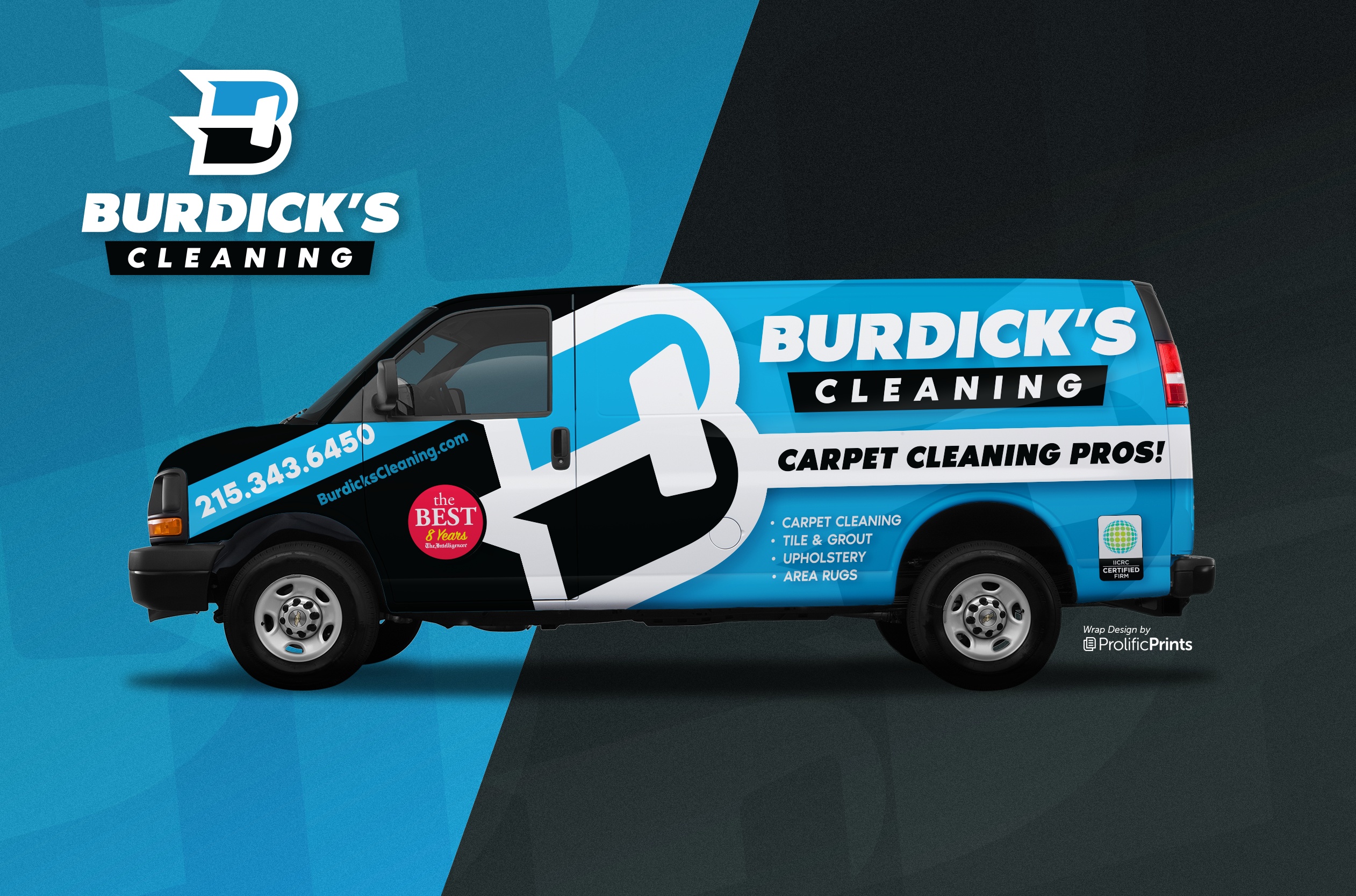 Burdick’s Cleaning finished blue-and-black vehicle-wrap design mockup.