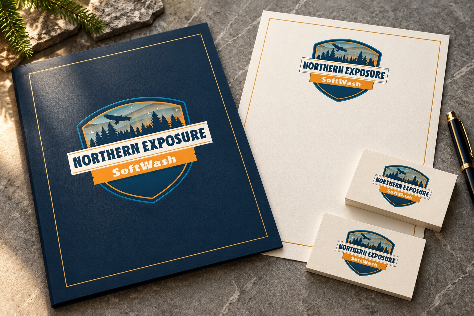 Northern Exposure Softwash stationery brand mockup