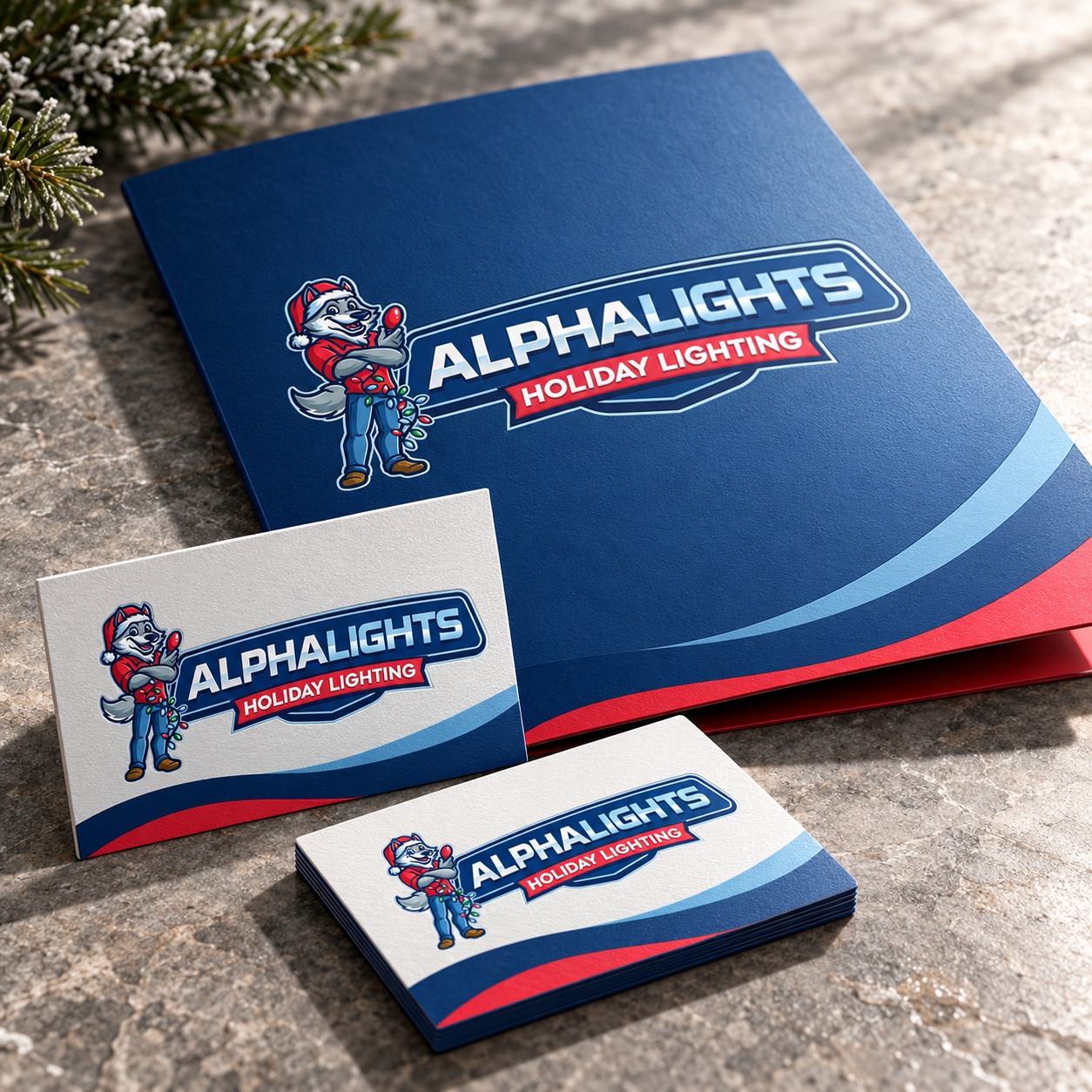 Alpha Lights stationery and business cards mockup