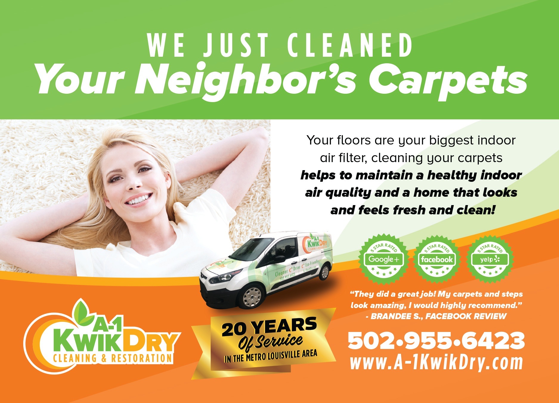 A-1 Kwik Dry: 2020 neighborhood carpet-cleaning postcard. Original approved design.