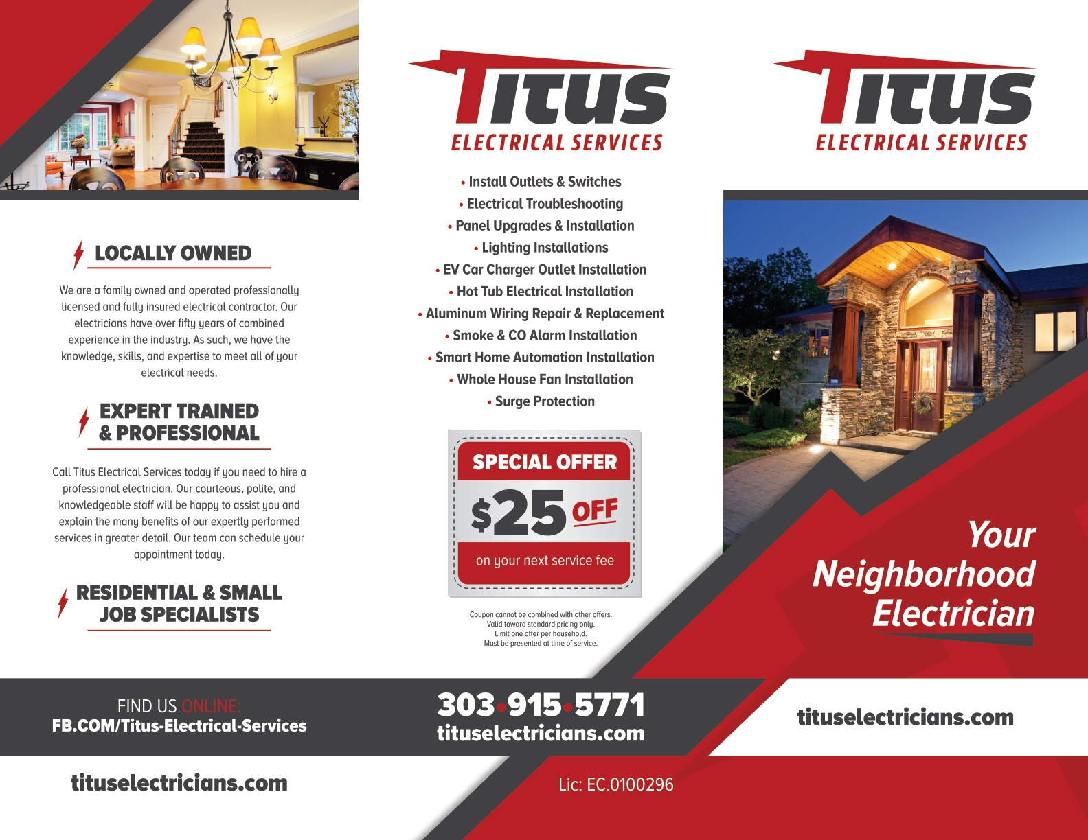 Titus Electrical Services: brochure outside panels. Original approved design.