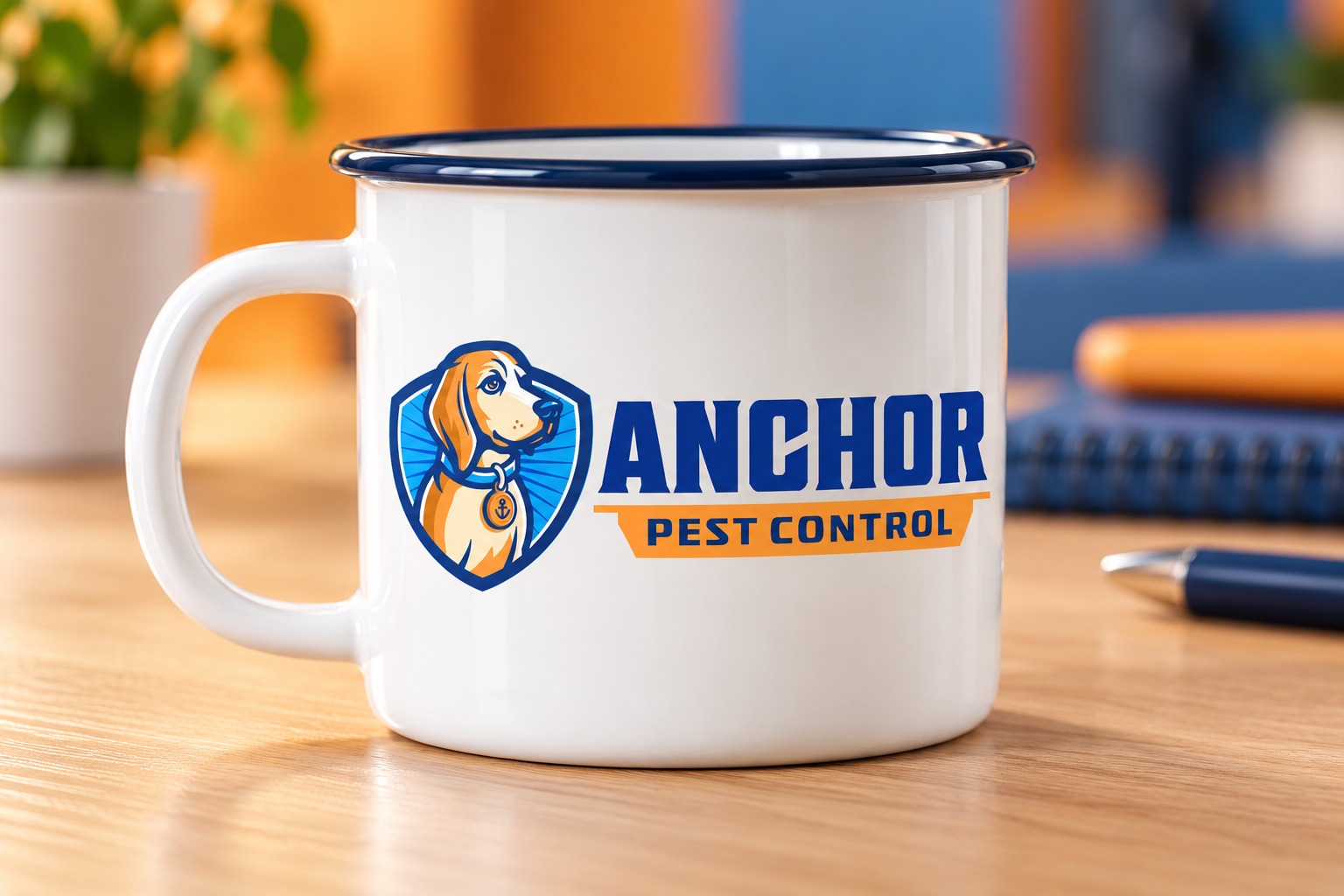 Anchor Pest Control enamel mug mockup.