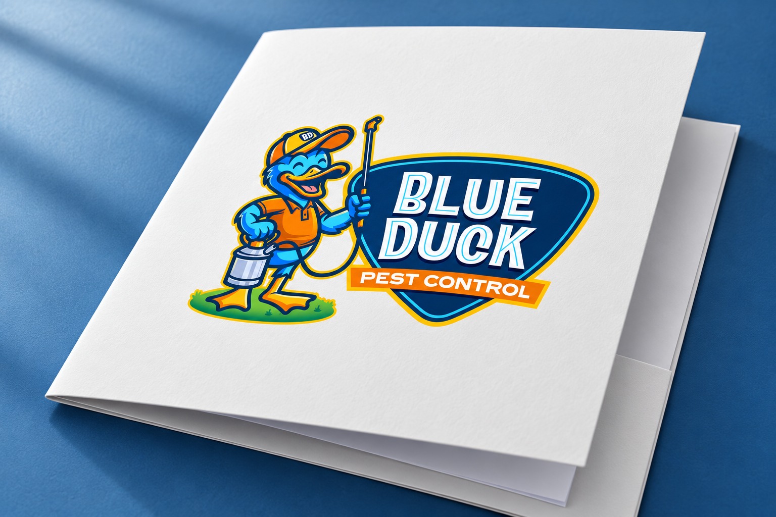 Blue Duck Pest Control presentation folder mockup.
