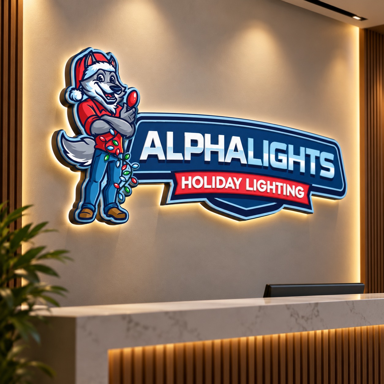 Alpha Lights dimensional reception signage mockup
