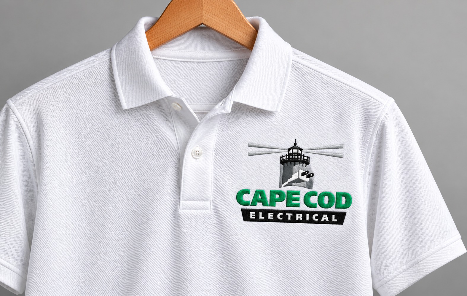 Cape Cod Electrical polo concept mockup using original approved artwork.