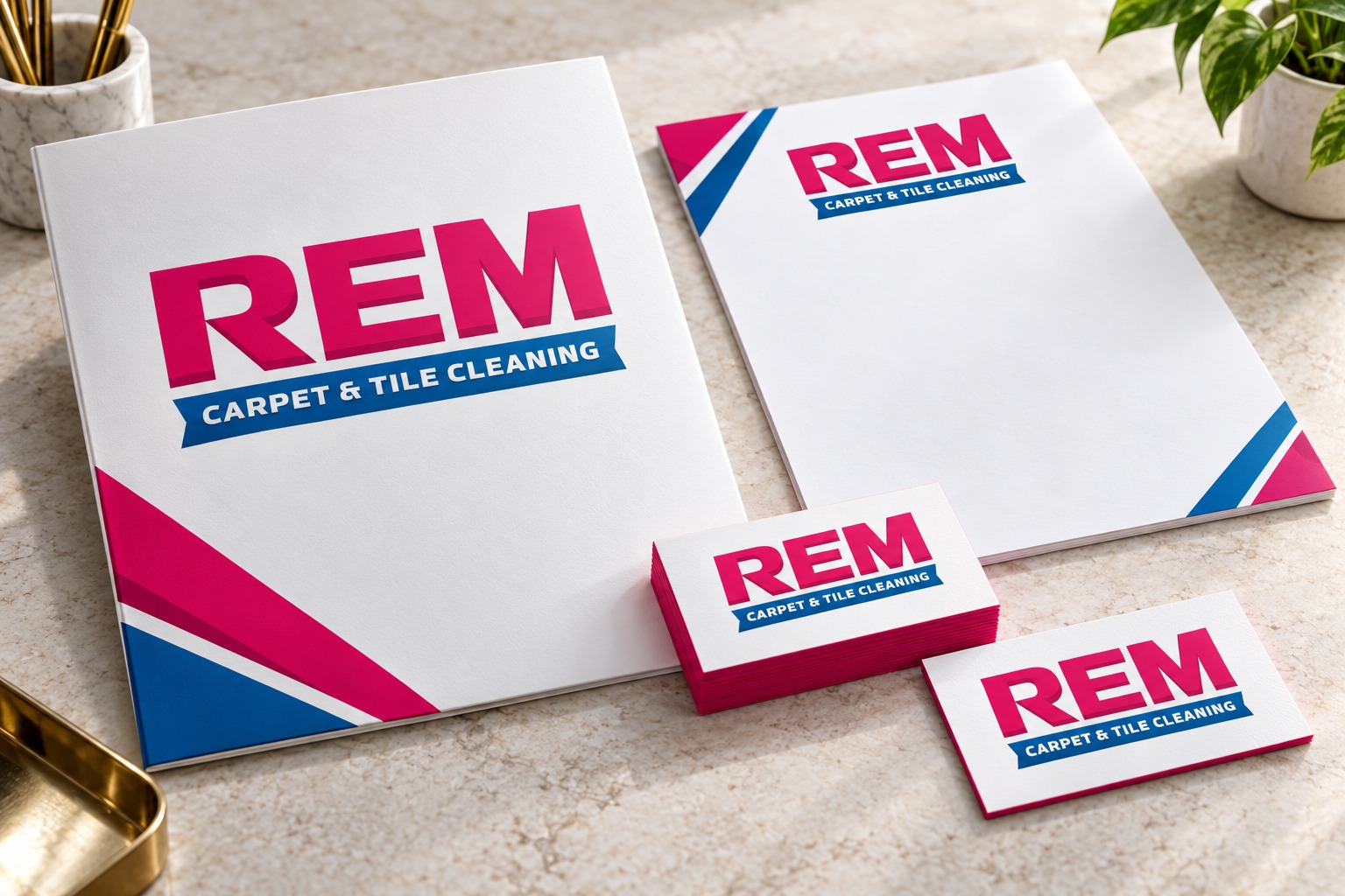 REM Carpet & Tile Cleaning stationery brand mockup