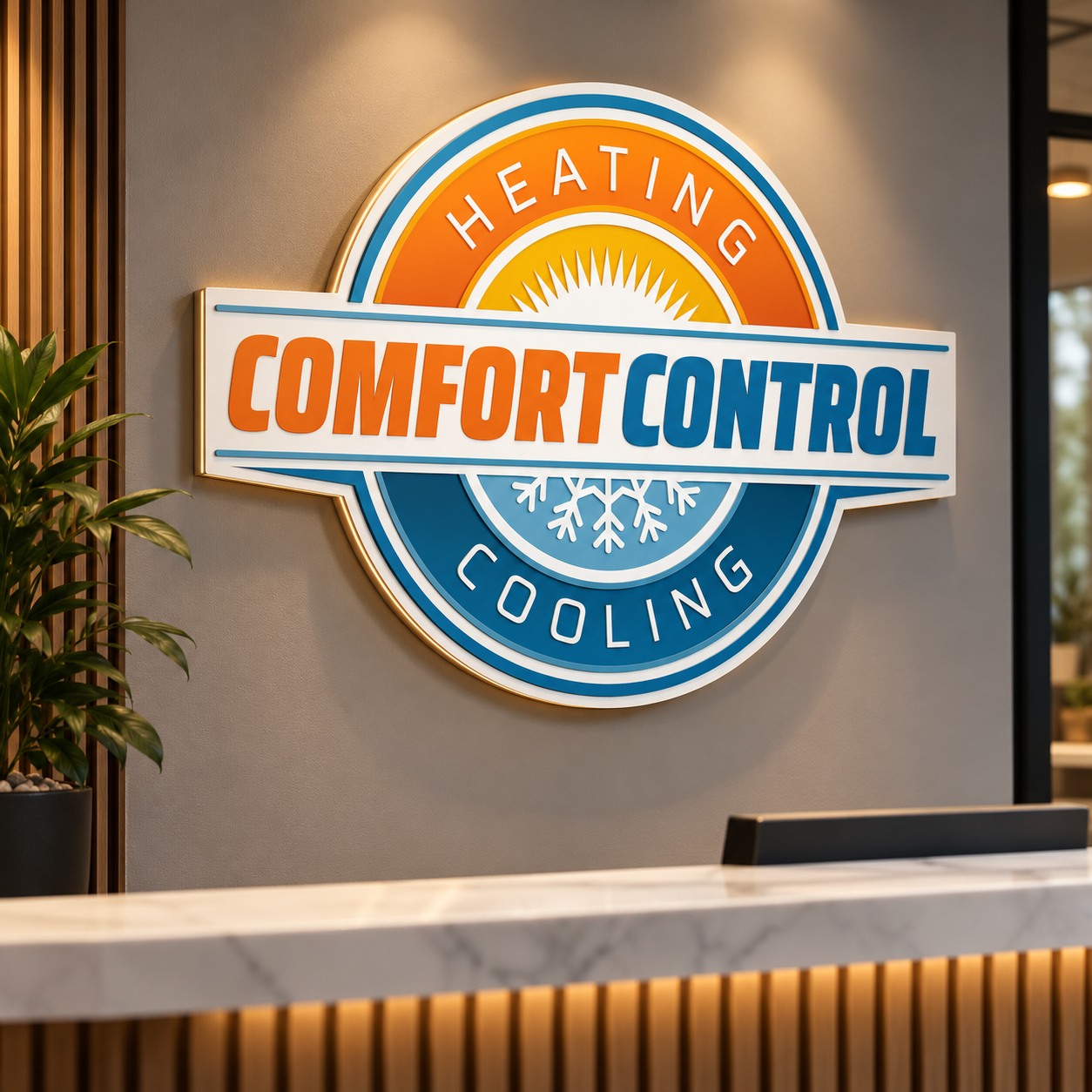 Comfort Control dimensional reception signage mockup