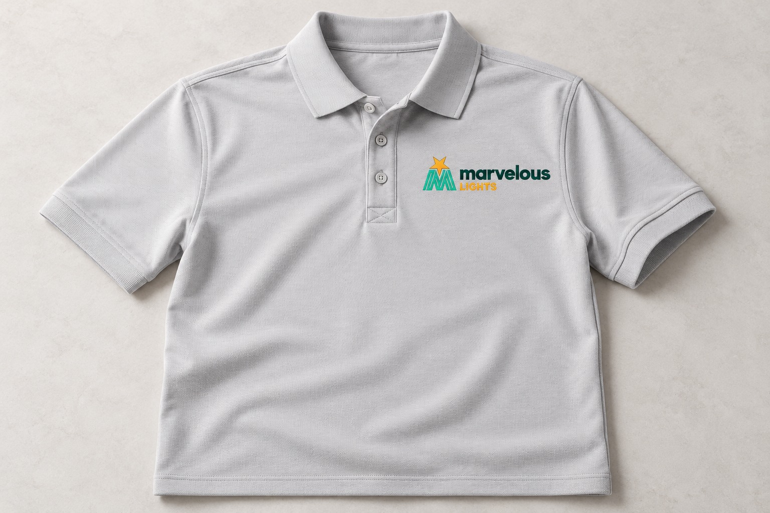Marvelous Lights branded polo concept mockup.