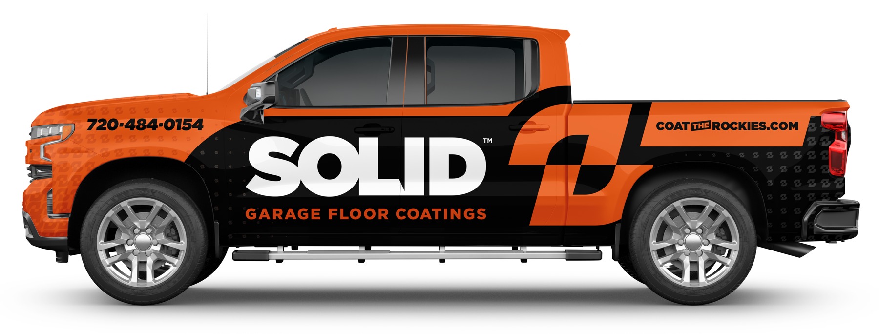 Solid Garage Floor Coatings approved black-and-orange pickup wrap mockup.