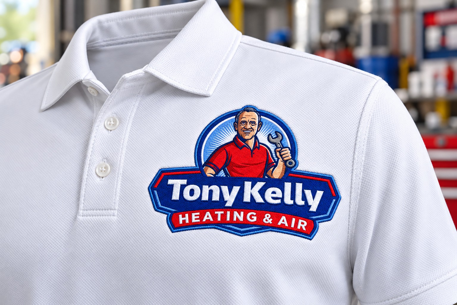 Tony Kelly Heating & Air embroidered polo mockup