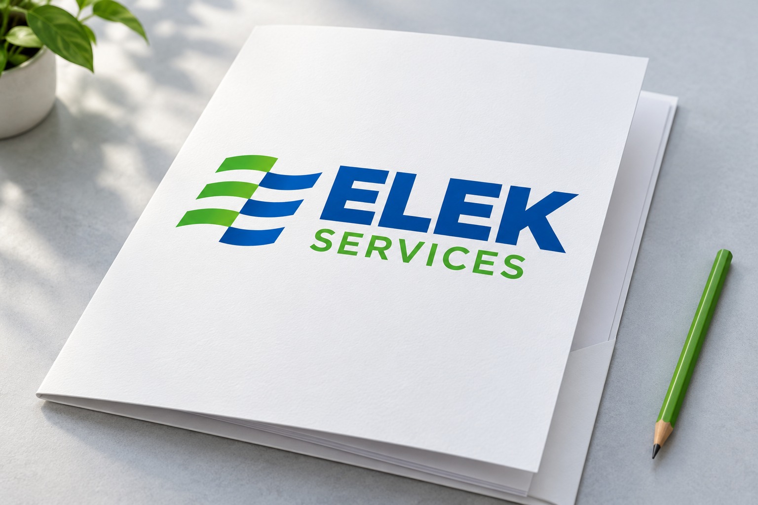Elek Services presentation folder mockup.