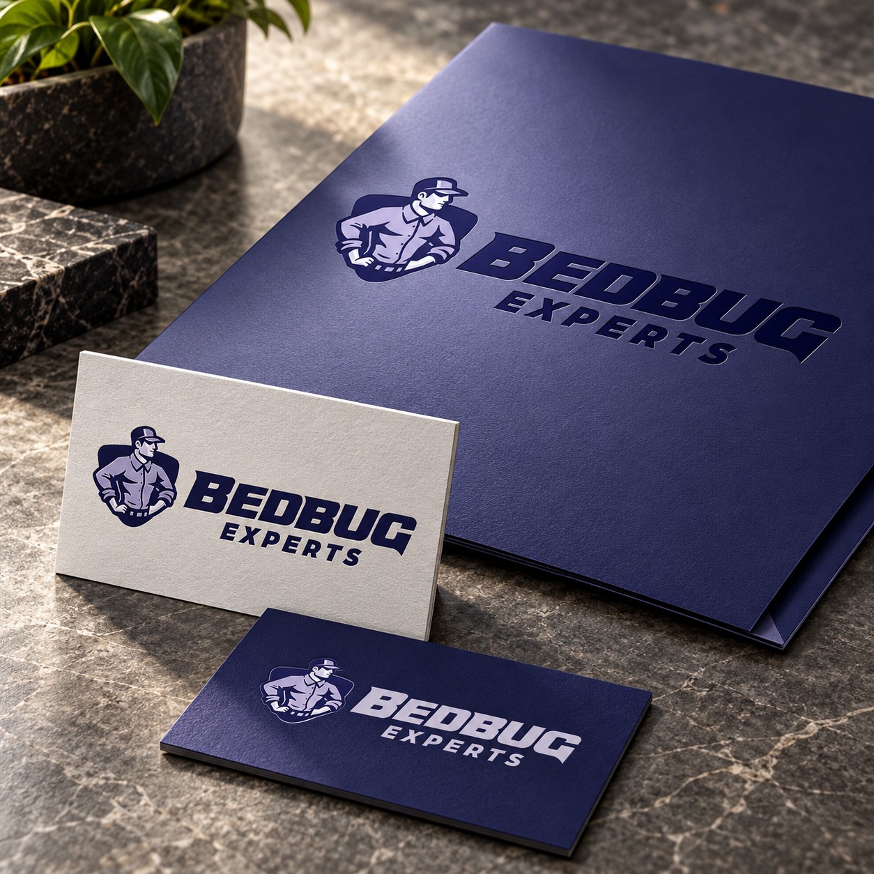 the bed bug expert cards concept mockup using original approved identity.