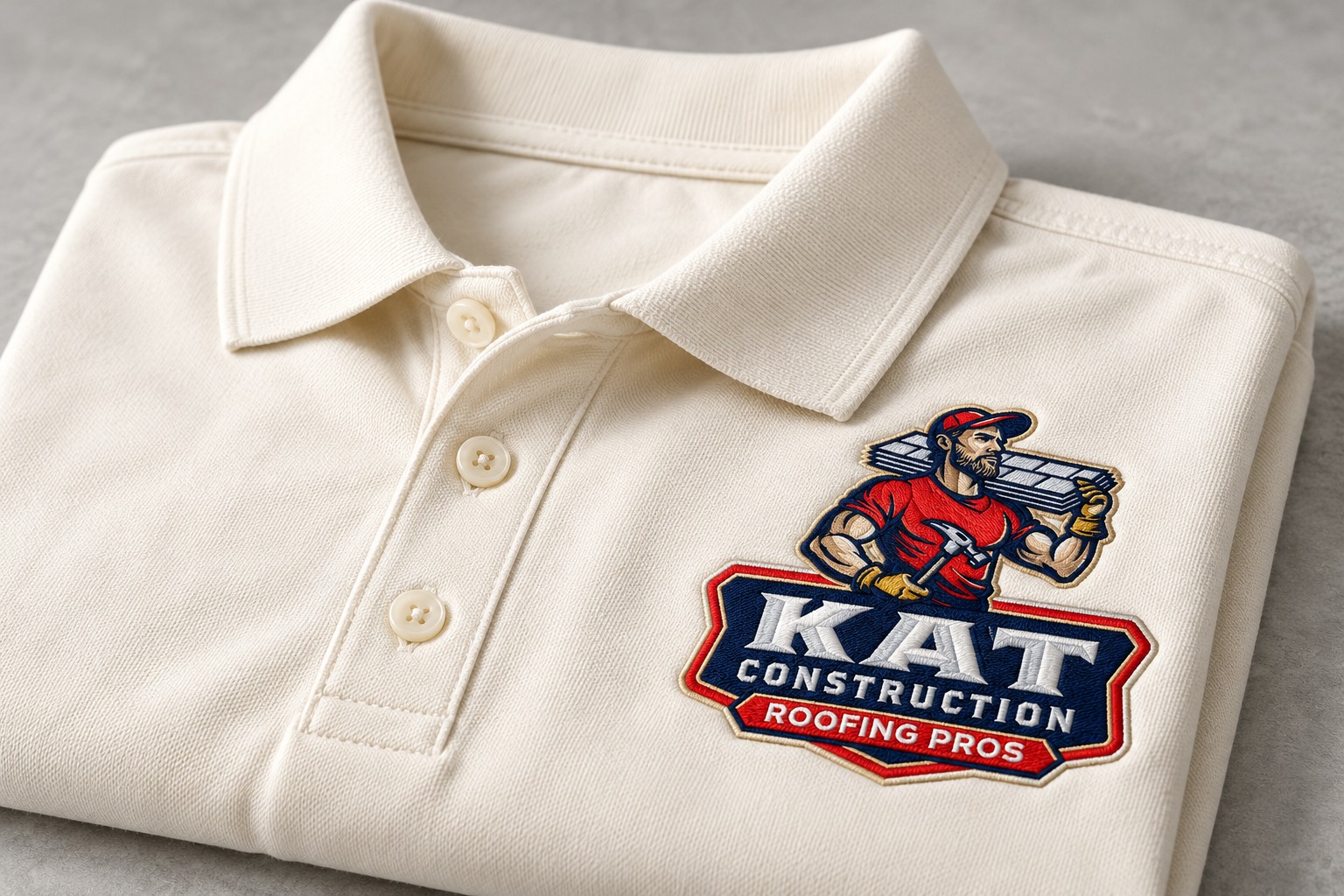 KAT Construction & Roofing Pros embroidered polo mockup.