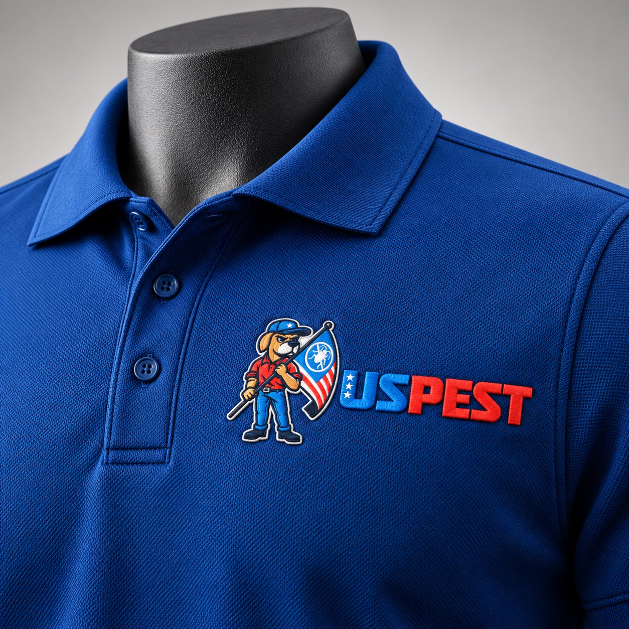 US Pest polo concept mockup using original approved identity.