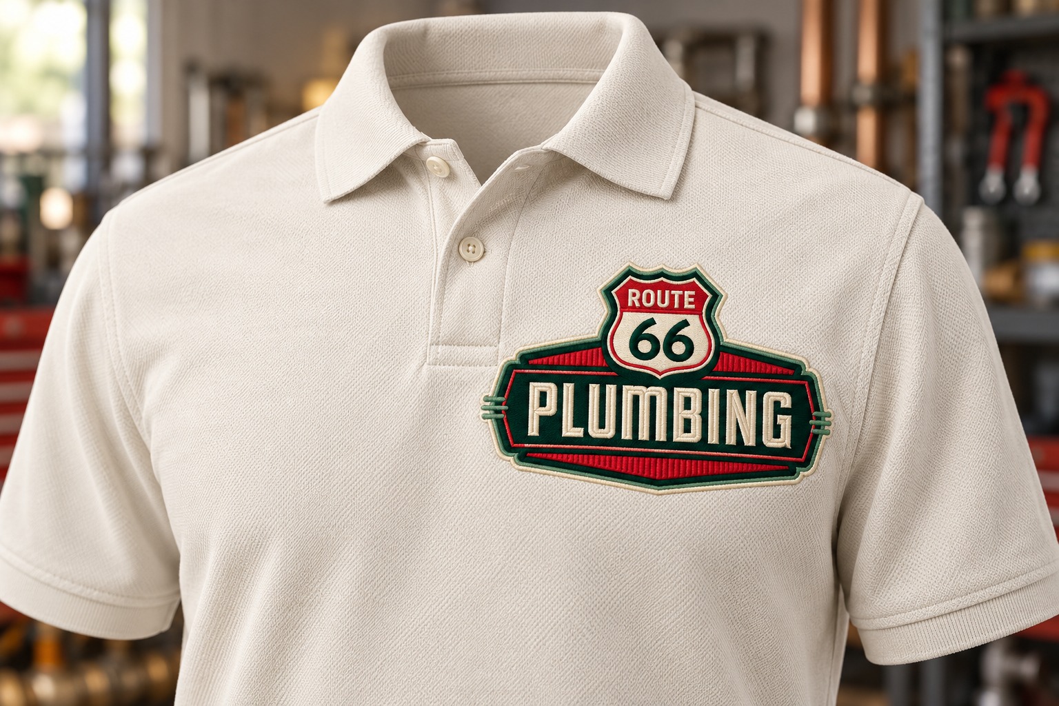 Route 66 embroidered work polo mockup