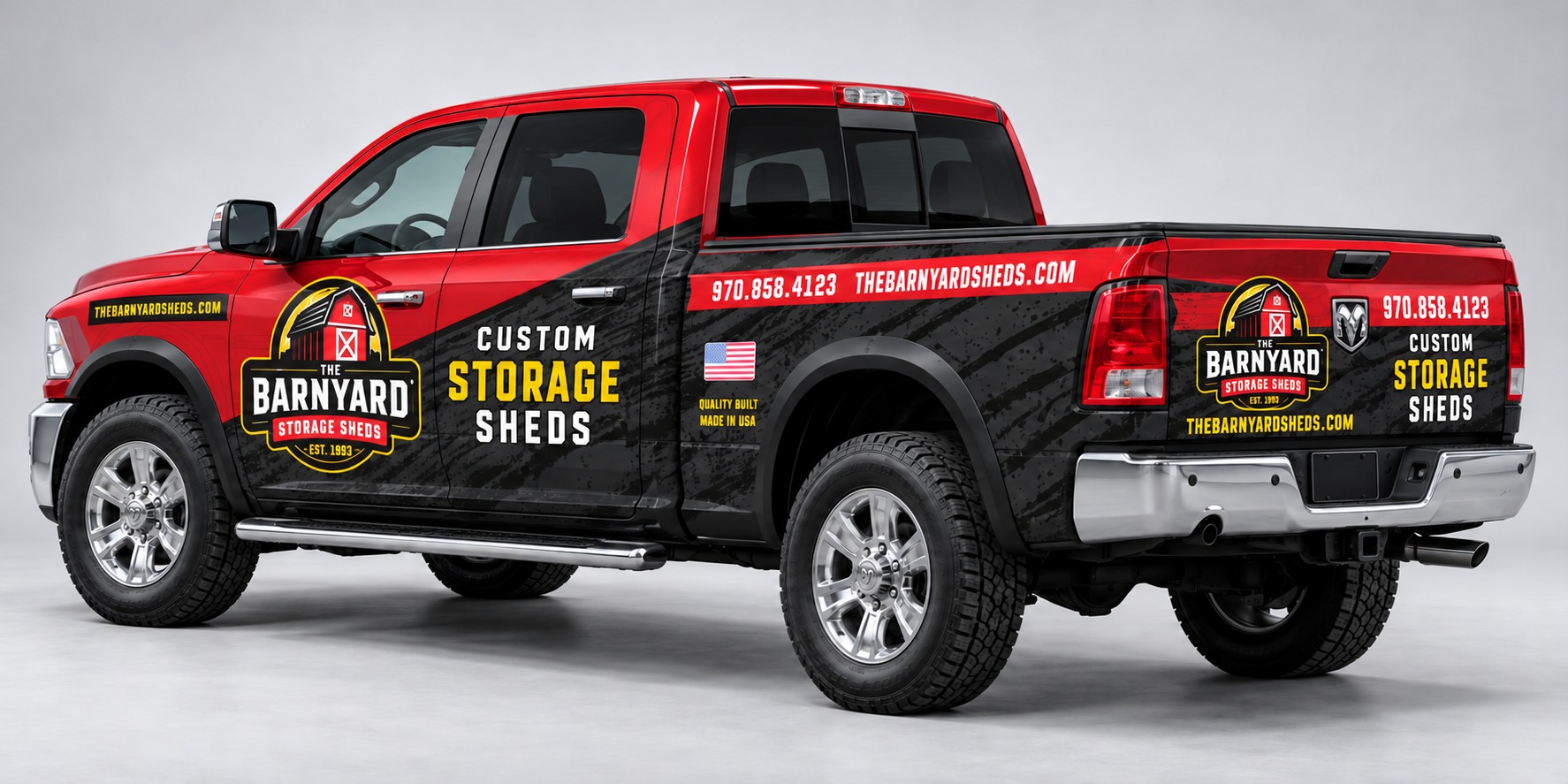 The Barnyard photorealistic rear three-quarter vehicle wrap mockup