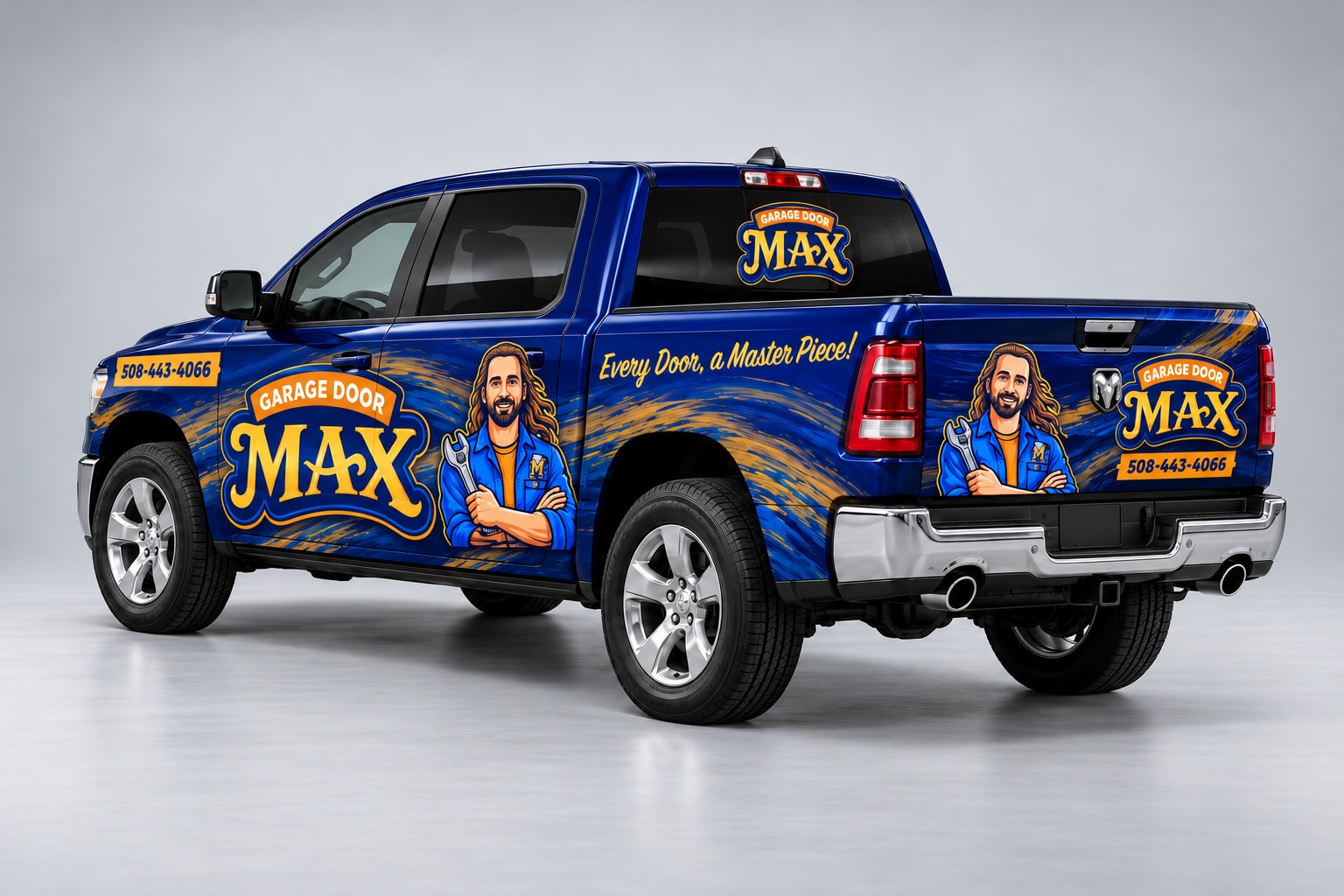 Garage Door Max photorealistic rear three-quarter vehicle wrap mockup