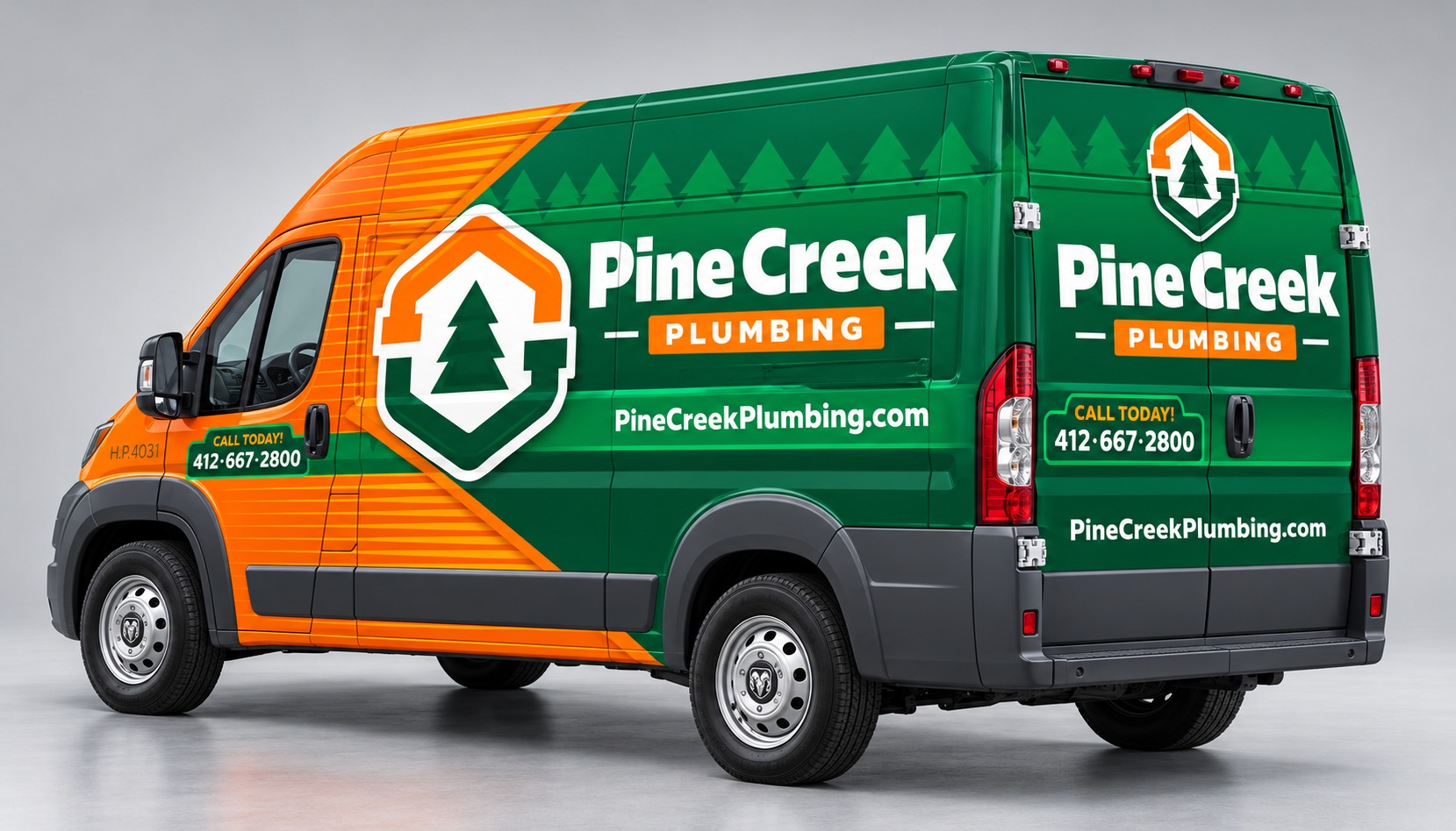 Pine Creek Plumbing photorealistic rear three-quarter vehicle wrap mockup
