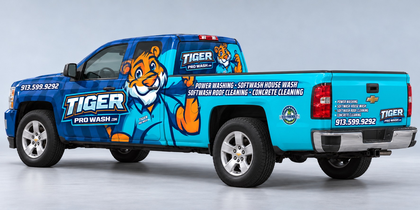 Tiger Pro Wash photorealistic rear three-quarter vehicle wrap mockup