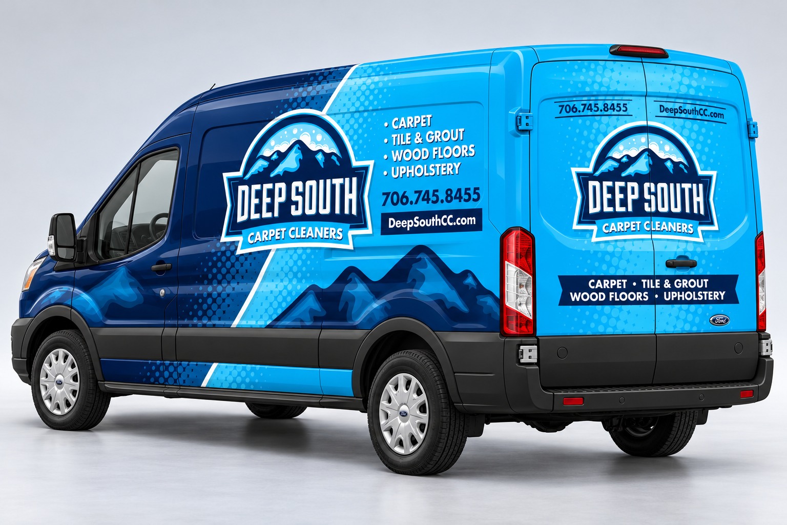 Deep South Carpet Cleaners photorealistic rear three-quarter vehicle wrap mockup