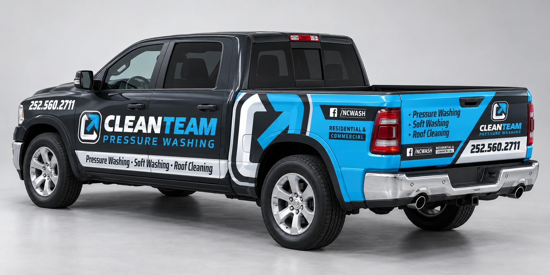 Clean Team Mike photorealistic rear three-quarter vehicle wrap mockup